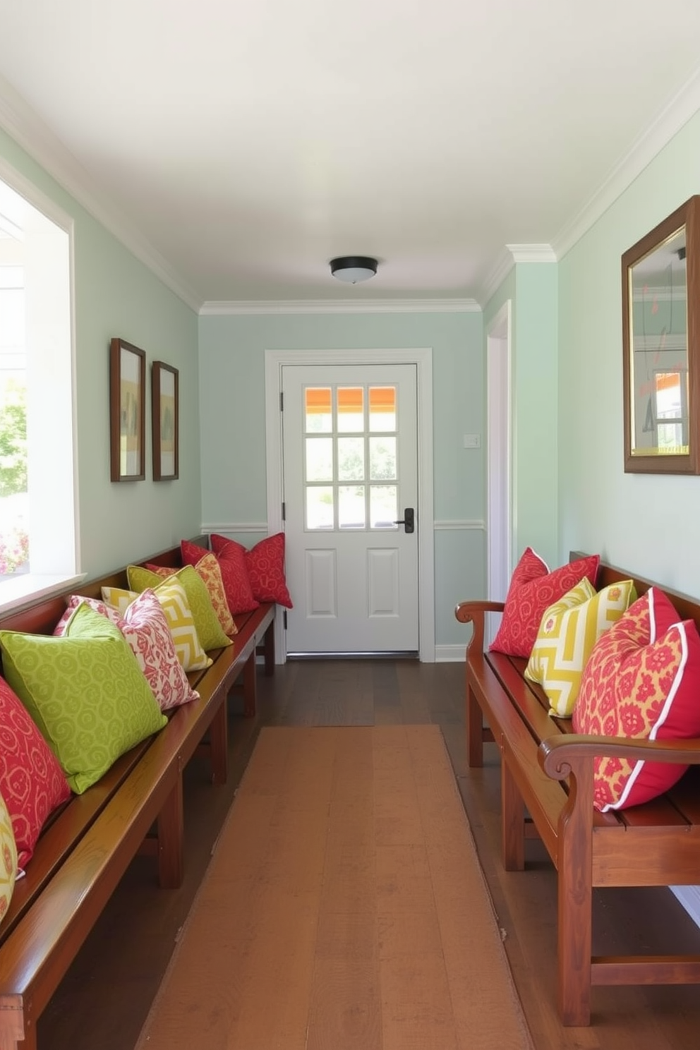 A vibrant entryway adorned with colorful throw pillows on wooden benches invites warmth and comfort. The benches are arranged against a backdrop of light pastel walls, creating a cheerful atmosphere that welcomes guests.