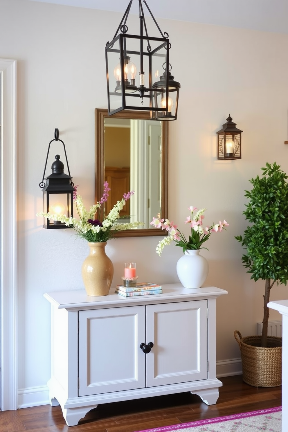 A charming entryway adorned with decorative lanterns that emit a warm and inviting glow. The space features a stylish console table topped with fresh spring flowers and colorful accents, creating a cheerful atmosphere.