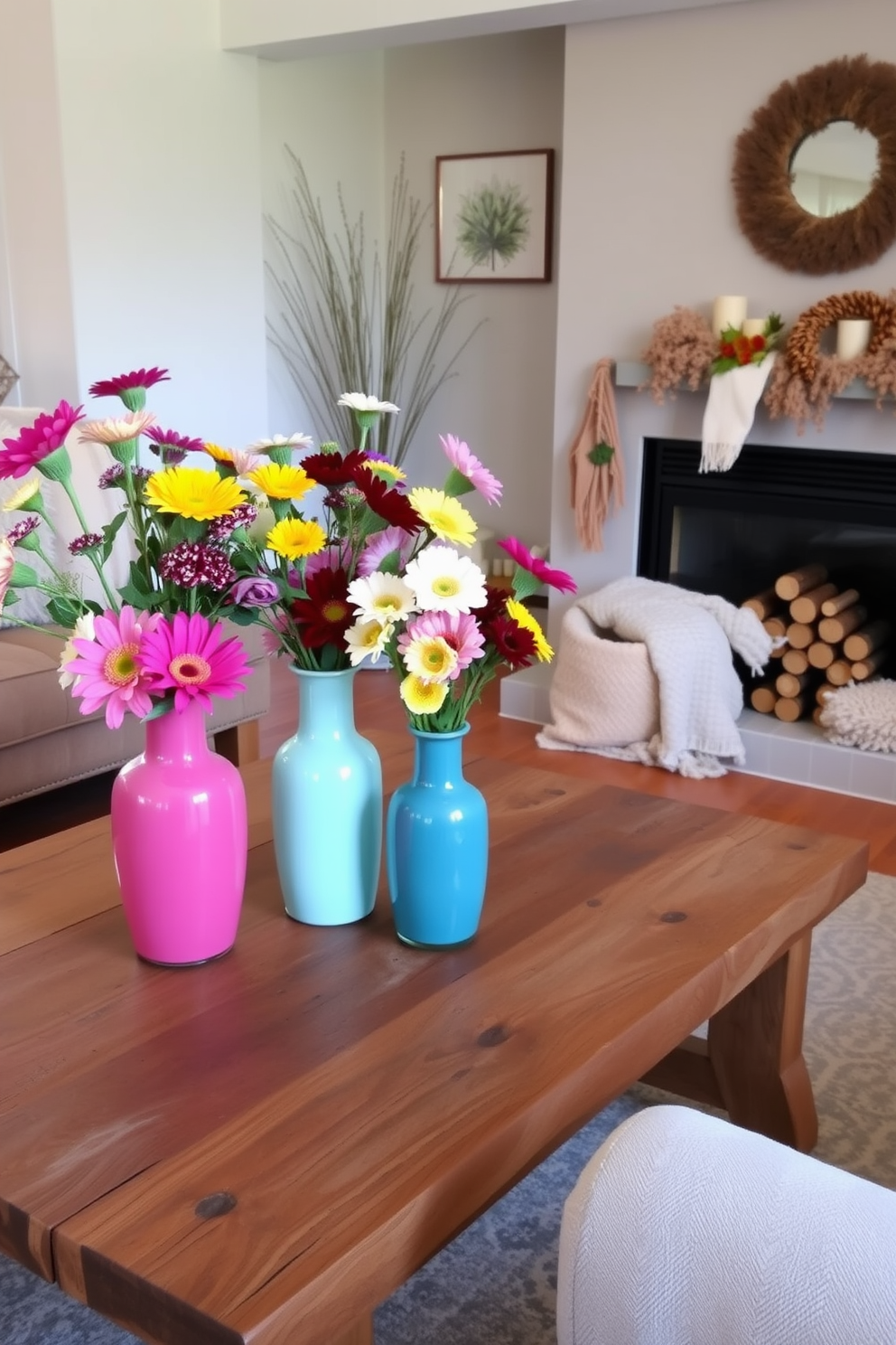 A cozy living room adorned with fresh flowers in vibrant vases. The vases are placed on a rustic wooden coffee table, bringing a burst of color to the space. In the corner, a stylish fireplace is decorated with seasonal accents. Soft throws and decorative logs are arranged neatly, creating a warm and inviting atmosphere.