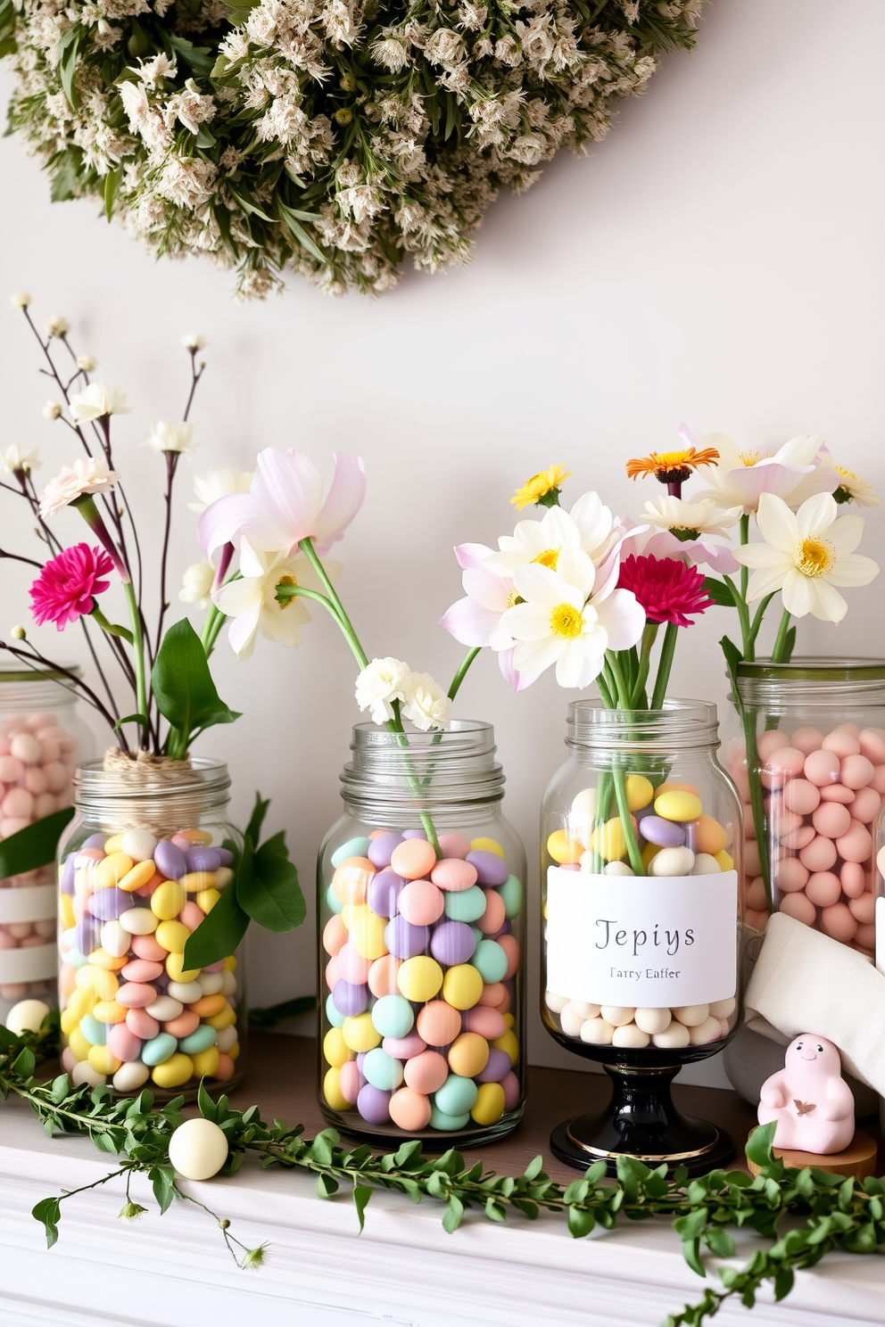 A cozy spring setting featuring a beautifully arranged fireplace adorned with glass jars filled with seasonal treats. The jars, showcasing colorful candies and fresh flowers, are artfully placed on the mantel, complemented by soft greenery and pastel accents.