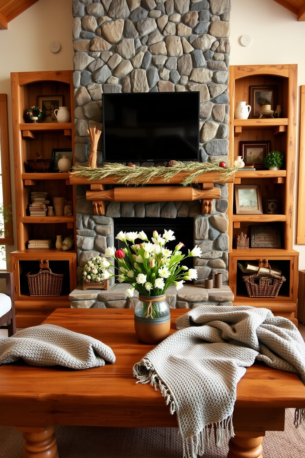 A cozy living room featuring natural wood accents that evoke rustic charm. A large stone fireplace serves as the focal point, surrounded by wooden shelves filled with seasonal decorations. The mantel is adorned with fresh spring flowers in a rustic vase, creating a warm and inviting atmosphere. Soft, textured blankets are draped over a wooden coffee table, enhancing the room's comfort and style.