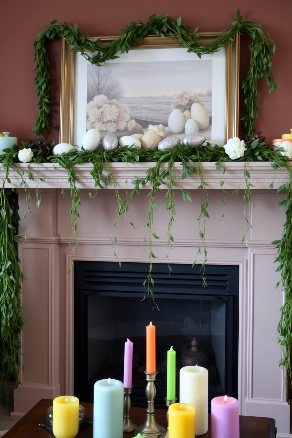 Hanging garlands of faux greenery drape elegantly across the mantelpiece, adding a touch of nature to the cozy living room. The fireplace is adorned with soft pastel accents, including decorative eggs and floral arrangements that evoke the essence of spring. Delicate strands of greenery cascade down the sides of the fireplace, creating a lush and inviting atmosphere. A collection of colorful candles in varying heights sits in front, enhancing the warm glow and seasonal charm of the space.