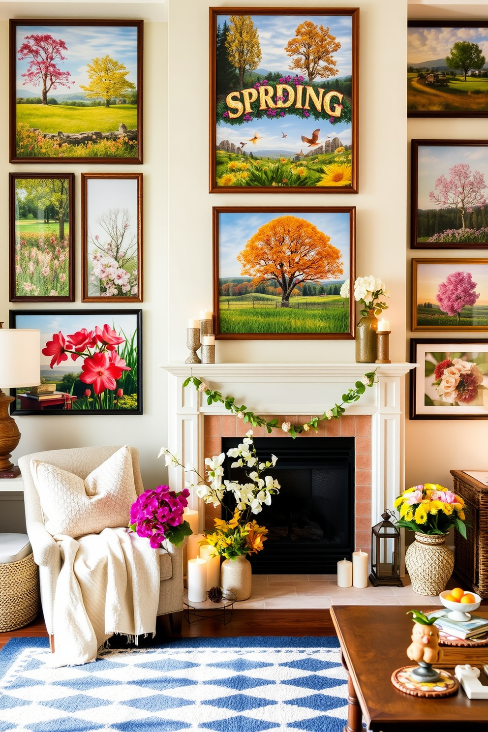 A vibrant living room adorned with colorful framed prints depicting spring scenes. The prints are arranged in a gallery style on a light-colored wall, bringing life and energy to the space. A cozy fireplace is the focal point of the room, decorated with seasonal accents. Surrounding the fireplace are decorative elements such as fresh flowers, candles, and a soft throw blanket, creating an inviting atmosphere.