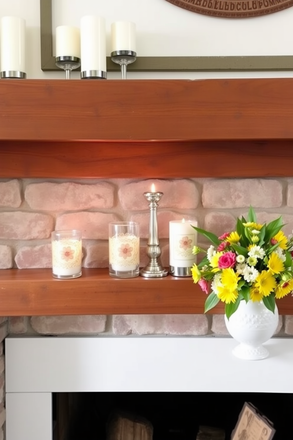 Candle holders with floral designs are arranged elegantly on a rustic wooden mantel. The flickering candlelight casts soft shadows, creating a warm and inviting atmosphere. Spring fireplace decorating ideas include a fresh bouquet of seasonal flowers placed in a decorative vase beside the hearth. Soft pastel colors and natural elements like greenery enhance the cheerful ambiance of the space.