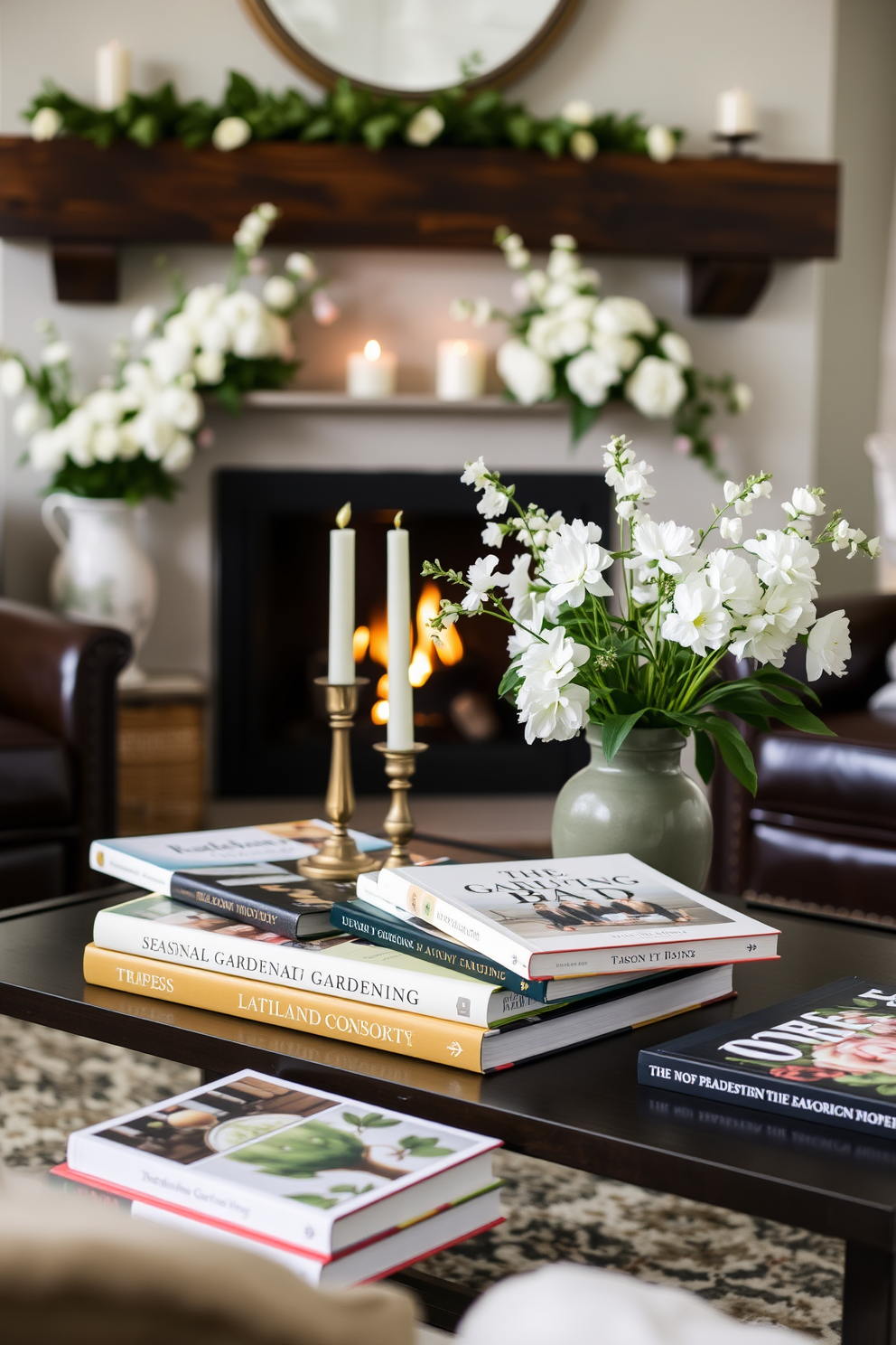 A vibrant spring-themed artwork hangs above a modern fireplace, featuring colorful blossoms and bright green foliage. The frame is a sleek white that complements the light tones of the room, drawing attention to the seasonal beauty. The fireplace is adorned with delicate spring decorations, including pastel-colored candles and small potted plants. A cozy throw blanket in soft hues is draped over the mantel, inviting warmth and comfort to the space.