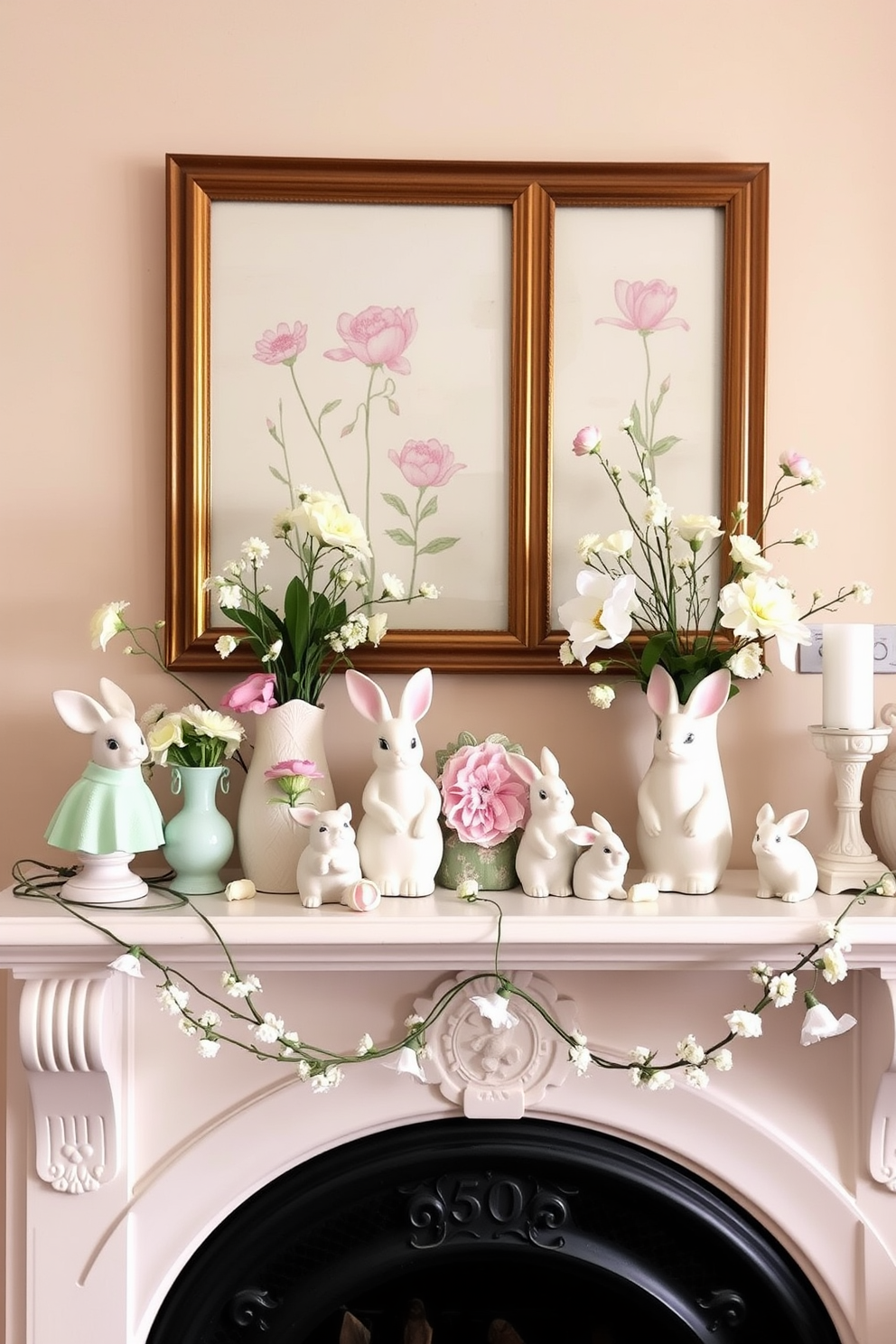 A charming fireplace adorned with vintage spring-themed figurines in soft pastel colors. Delicate flowers and whimsical bunnies are arranged on the mantel, creating a warm and inviting atmosphere.