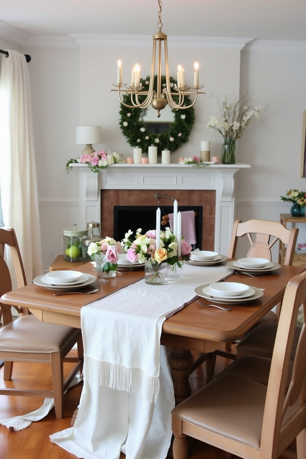 A cozy living room scene featuring chairs adorned with pastel colored throw pillows in soft pinks, blues, and yellows. The pillows add a touch of warmth and comfort to the space, inviting relaxation and style. In the center of the room, a beautifully designed fireplace serves as a focal point, decorated with seasonal spring accents. Fresh flowers in a vase and elegant candles enhance the inviting atmosphere, creating a perfect spot for gatherings.