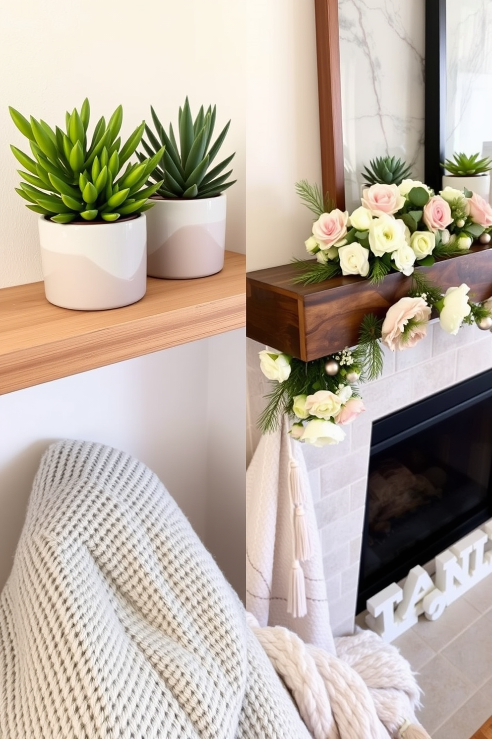 Create a cozy living room scene featuring a rustic fireplace adorned with wooden crates filled with seasonal decor. The crates display vibrant spring flowers, colorful eggs, and soft pastel accents, creating a warm and inviting atmosphere.