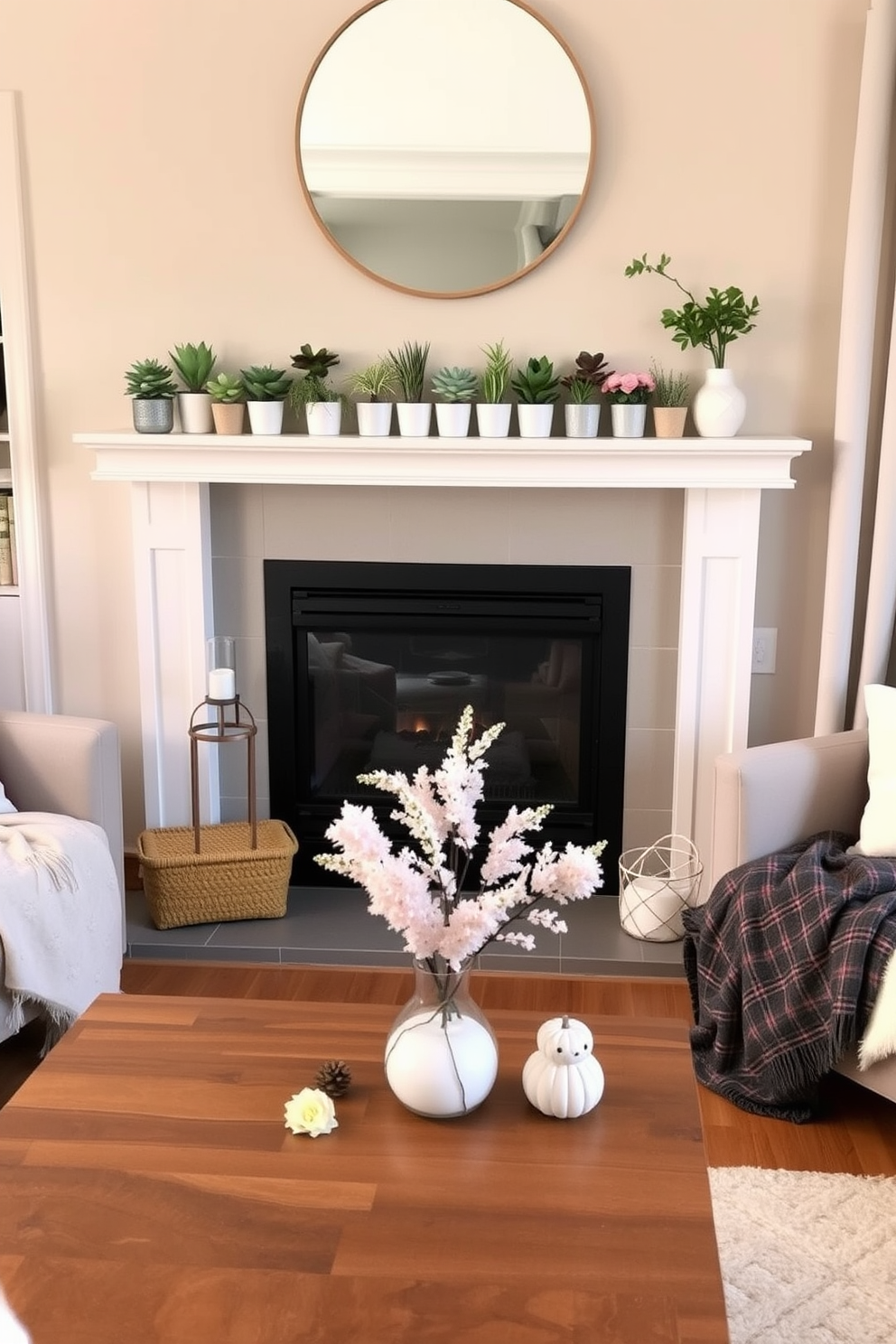 A cozy living room setting featuring a modern fireplace as the focal point. The mantel is adorned with an array of miniature potted plants, adding a touch of freshness and vibrancy to the space. Surrounding the fireplace, soft throws and cushions in pastel colors create an inviting atmosphere. A wooden coffee table sits in front, showcasing seasonal decorations that reflect the essence of spring.