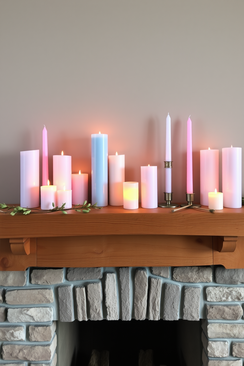 A cozy fireplace adorned with pastel colored candles in soft hues of pink, blue, and lavender. The candles are arranged on a rustic wooden mantel, creating a warm and inviting atmosphere for spring gatherings.