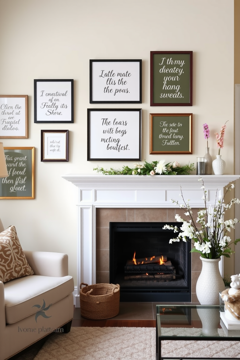 A collection of DIY painted rocks displaying cheerful spring messages is arranged on a rustic wooden table. Each rock features vibrant colors and playful designs, capturing the essence of the season. The fireplace is elegantly decorated for spring with fresh flowers in pastel hues and soft greenery. A light, airy garland drapes across the mantel, complemented by decorative candles in varying heights.