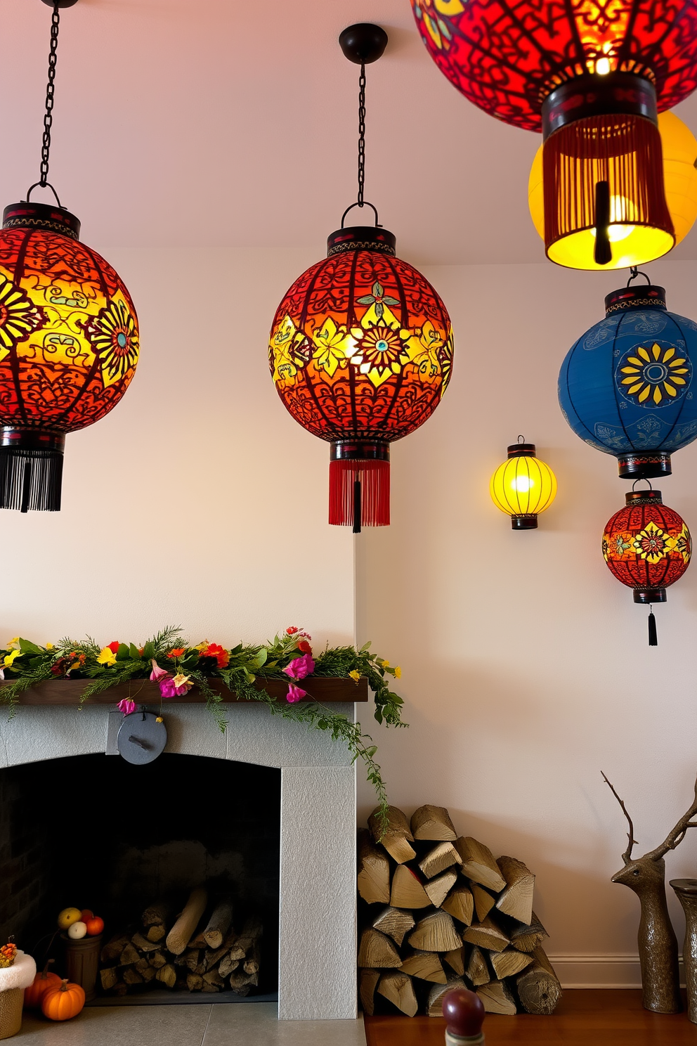 Brightly colored lanterns hang from the ceiling, casting a warm glow throughout the room. The lanterns feature intricate designs in shades of blue, red, and yellow, creating a vibrant focal point against the soft white walls. The fireplace is adorned with seasonal decorations, including fresh flowers and greenery. A cozy arrangement of logs is neatly stacked beside the hearth, inviting warmth and comfort to the space.