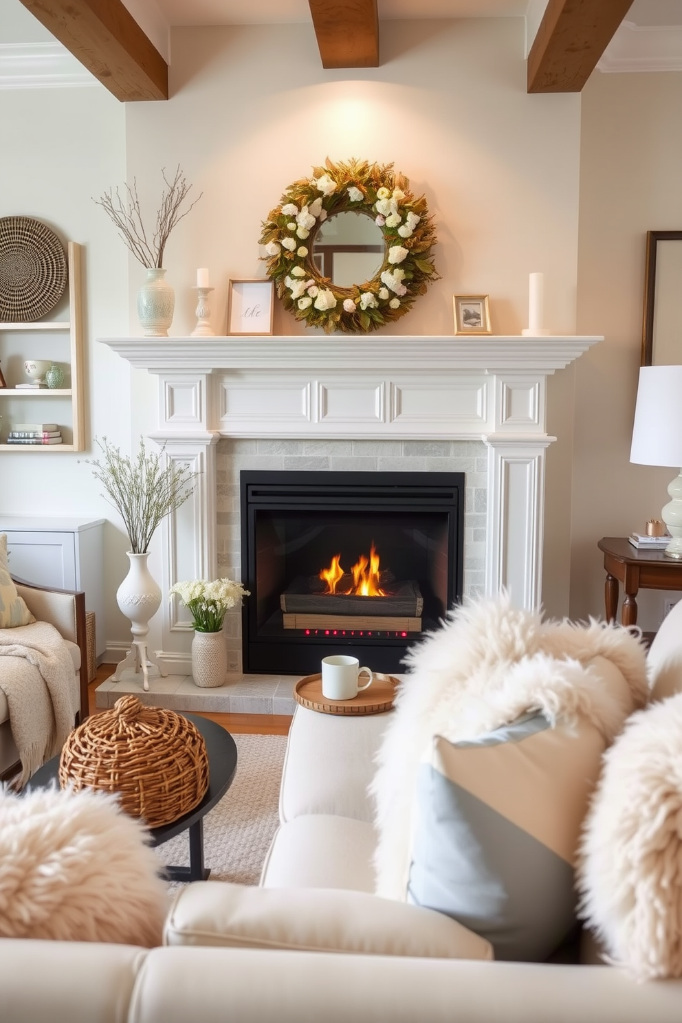 A cozy living room features a charming fireplace adorned with vintage teacups serving as unique candle holders. The warm glow of the candles reflects off the delicate porcelain, creating an inviting atmosphere for spring gatherings.