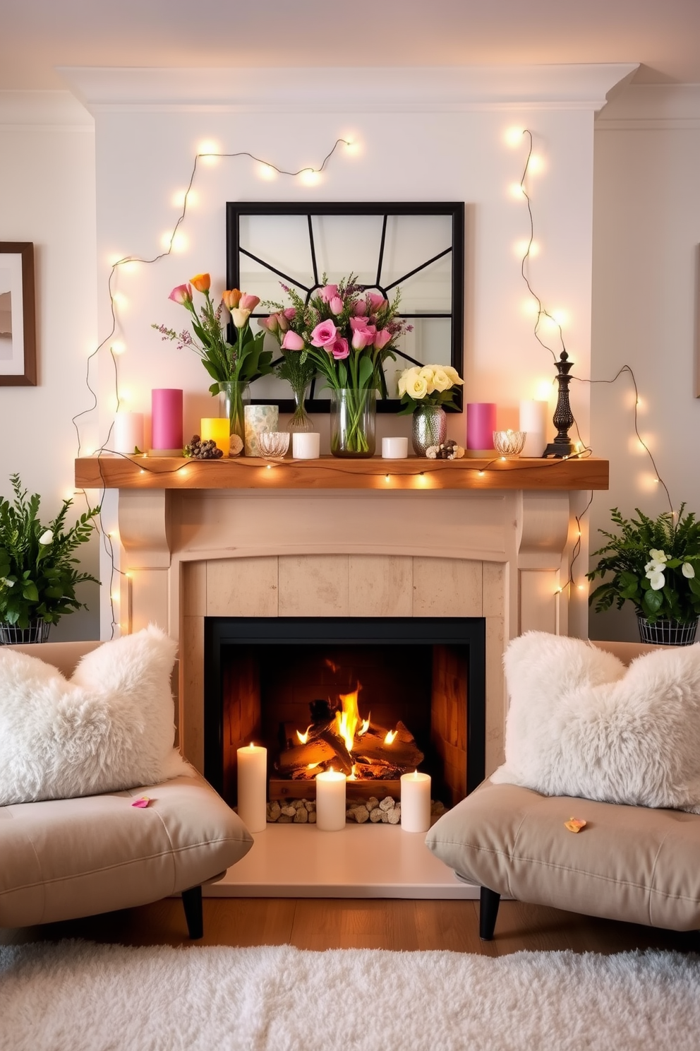 A cozy living room adorned with a charming fireplace. The mantel is decorated with fresh spring flowers and an array of colorful candles, while twinkling fairy lights are draped elegantly around the room for a magical touch. The fireplace features a rustic wooden surround, complemented by a soft area rug in pastel hues. Plush cushions are arranged on the seating, inviting relaxation and warmth in this delightful spring setting.