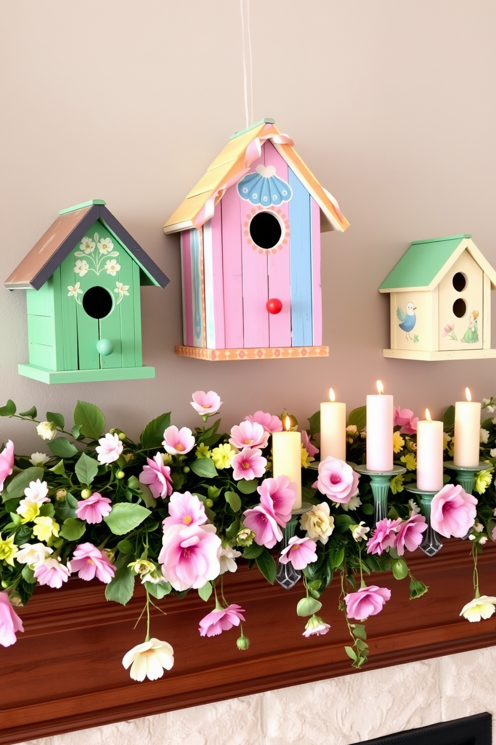 Charming birdhouses as decorative pieces. These whimsical birdhouses are crafted from colorful reclaimed wood and adorned with intricate hand-painted designs. Spring Fireplace Decorating Ideas. The fireplace is elegantly decorated with a garland of fresh flowers and greenery, complemented by pastel-colored candles arranged on the mantel.