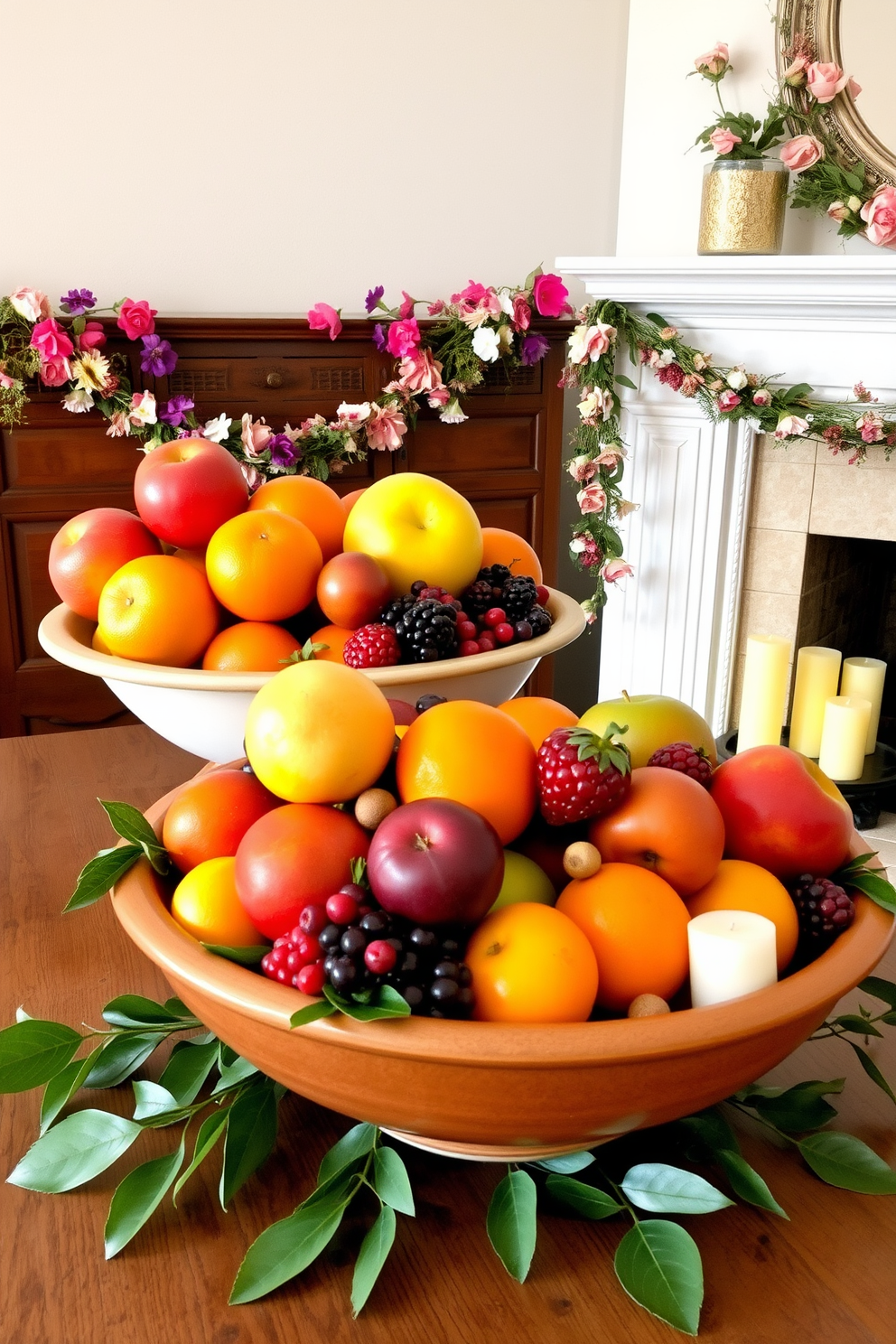 A vibrant seasonal fruit display in a large ceramic bowl filled with an assortment of colorful fruits such as oranges, apples, and berries. The bowl is placed on a rustic wooden dining table, surrounded by fresh green leaves for an added touch of nature. A cozy fireplace adorned with seasonal decorations for spring, featuring a garland of flowers draped along the mantel. On the hearth, a collection of decorative candles in pastel colors creates a warm and inviting atmosphere.