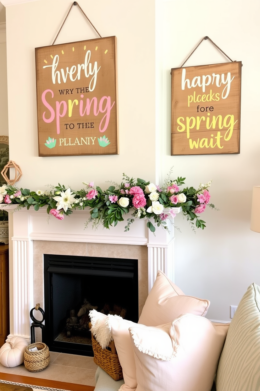 A cozy living room featuring natural wood accents that bring warmth and a sense of tranquility. The fireplace is elegantly decorated with spring-themed elements, including fresh flowers and pastel-colored decor that enhance the inviting atmosphere.