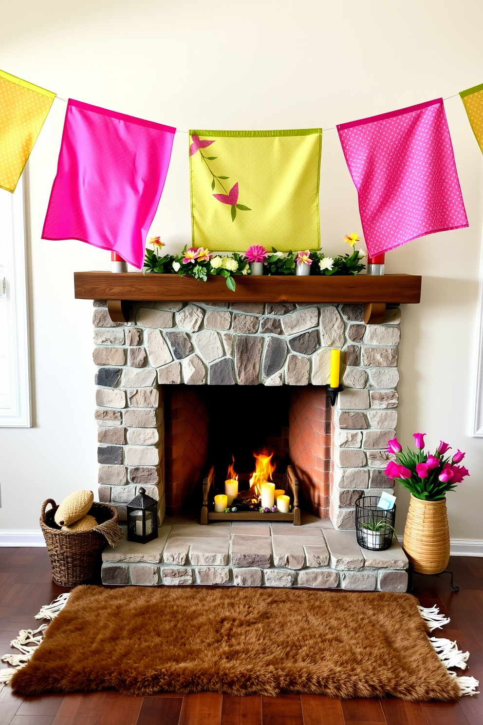 Vibrant fabric banners hang gracefully across the room, showcasing a mix of bright colors and playful patterns that evoke a sense of joy and celebration. The banners are strategically placed above a cozy spring-themed fireplace, which is adorned with fresh flowers and seasonal decorations. The fireplace features a rustic mantel made of reclaimed wood, decorated with small potted plants and colorful candles. A soft, inviting rug lies in front of the fireplace, providing a perfect spot to relax and enjoy the warmth of the spring ambiance.