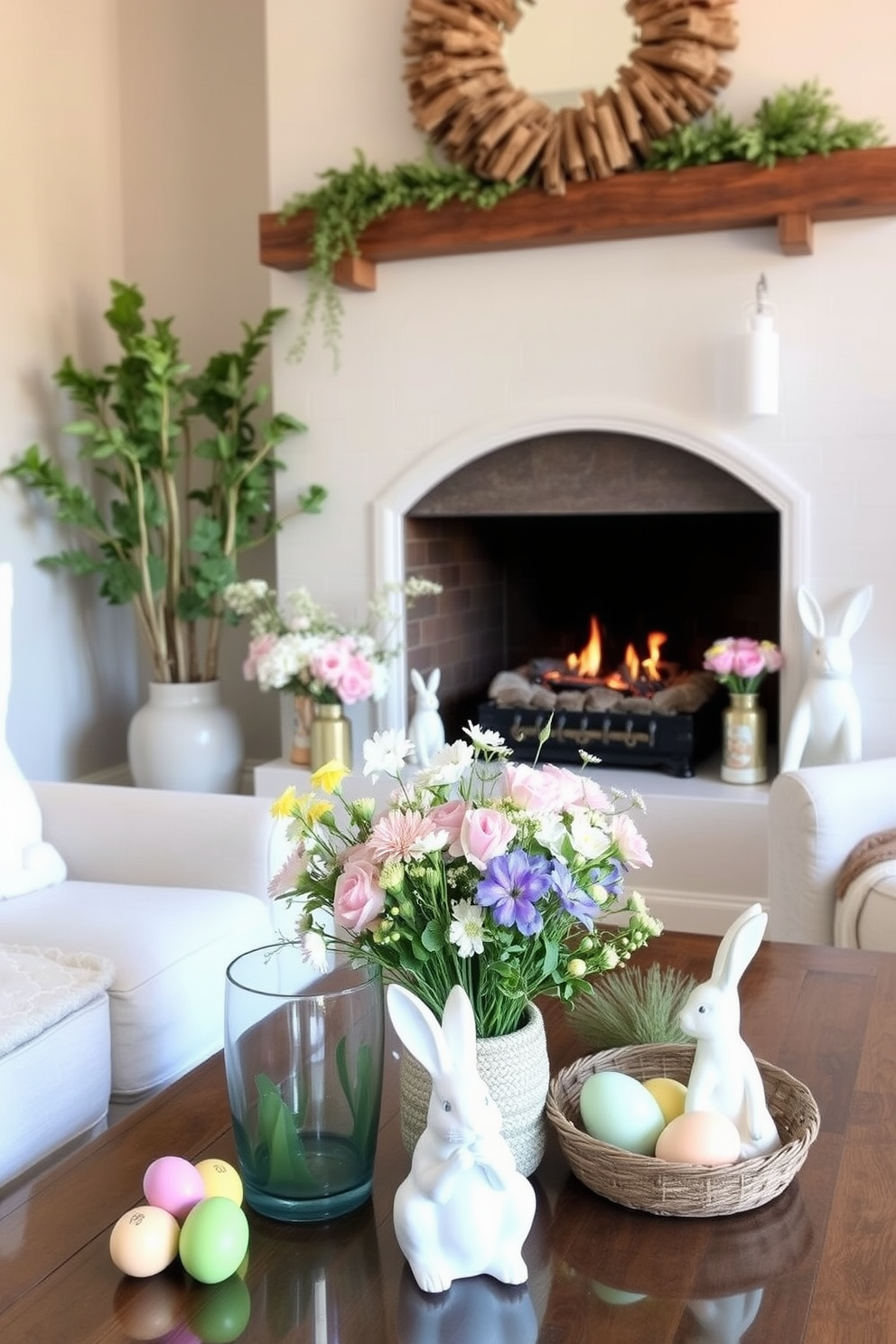 A lightweight linen garland elegantly drapes across the mantel, adding a touch of softness and texture to the space. The garland is adorned with delicate spring florals, creating a fresh and inviting atmosphere around the fireplace.