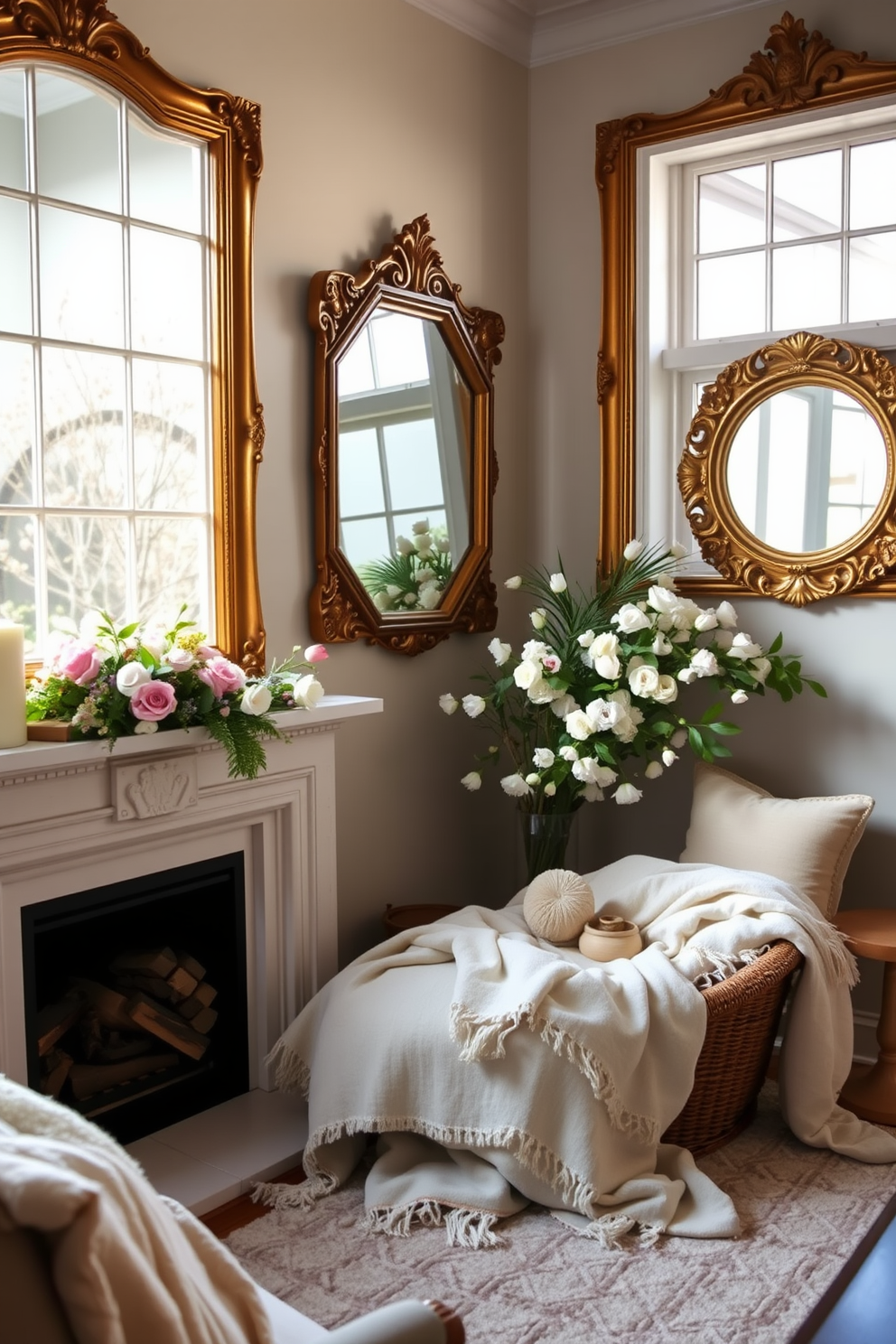 Charming fabric bunting drapes across the mantel, featuring a mix of pastel colors and playful patterns. Below, a cozy spring-themed fireplace is adorned with fresh flowers and seasonal decor, creating a warm and inviting atmosphere. The fireplace is framed with soft greenery and twinkling fairy lights, enhancing the festive ambiance. Plush cushions and a woven throw blanket are arranged nearby, inviting relaxation and enjoyment of the springtime setting.