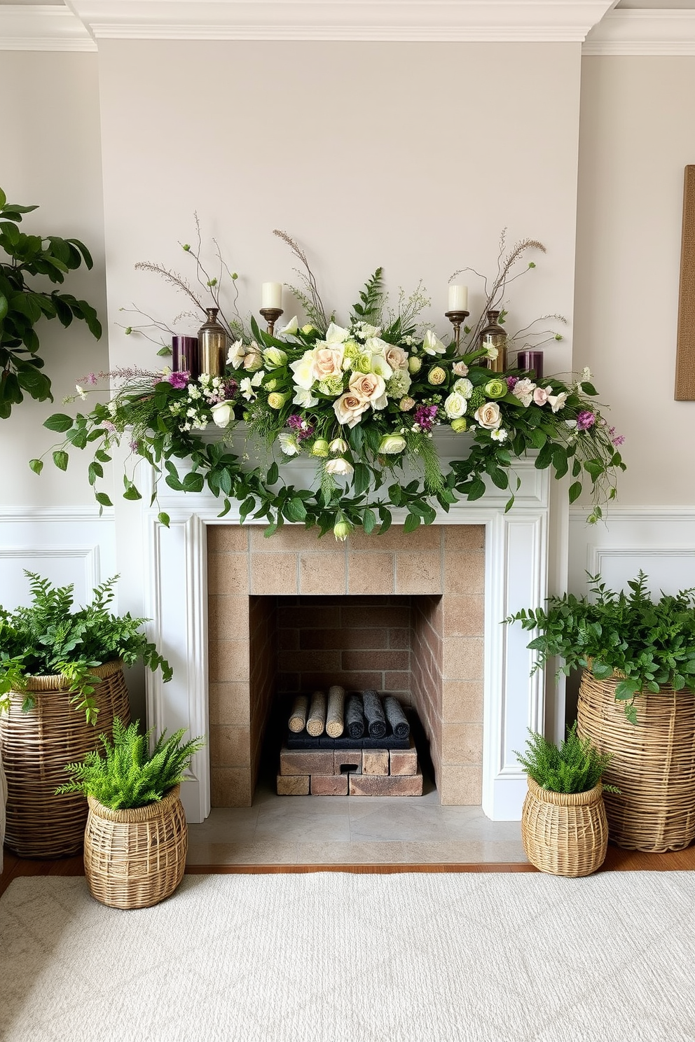 Woven baskets filled with lush greenery are strategically placed around the room, adding a touch of nature and warmth to the space. The soft textures of the baskets complement the natural elements, creating a cozy and inviting atmosphere. The fireplace is elegantly adorned with seasonal decorations, featuring fresh flowers and candles that enhance the spring ambiance. Delicate garlands and artful arrangements frame the fireplace, making it a stunning focal point in the room.