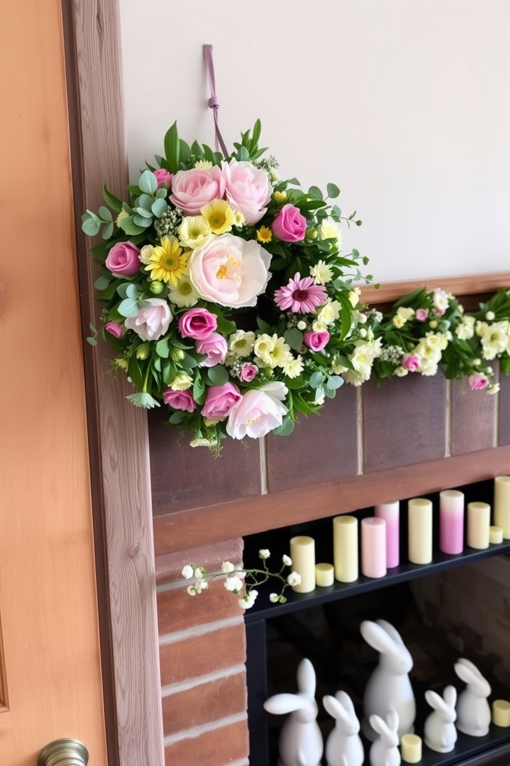 A vibrant spring wreath adorned with a variety of colorful flowers and lush greenery hangs on a rustic wooden door. The wreath features peonies, daisies, and eucalyptus, creating a cheerful and welcoming entrance. A cozy fireplace is decorated for spring with a garland of delicate blossoms draped along the mantel. On the hearth, a collection of pastel-colored candles and decorative bunnies add a whimsical touch to the warm atmosphere.