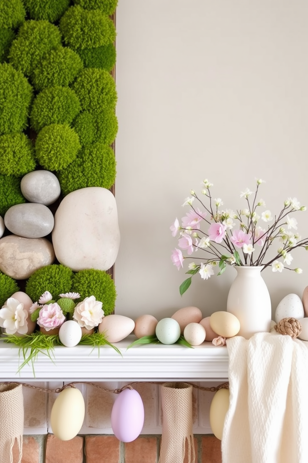 A cozy living room setting with a spring theme. The fireplace is adorned with an array of candles of varying heights and textures, creating a warm and inviting atmosphere. The mantel features fresh spring flowers in a simple vase, adding a touch of color. Soft throw blankets are draped over a nearby chair, enhancing the comfort of the space.