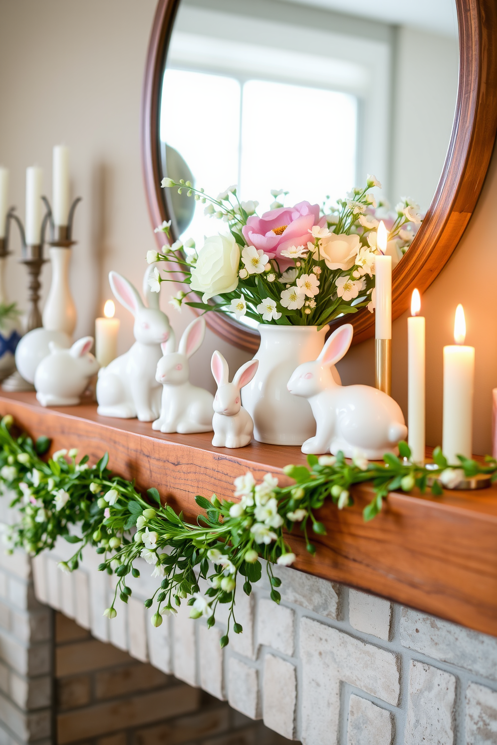 Decorative ceramic bunnies are arranged playfully on a rustic wooden mantel, adding a touch of whimsy to the spring decor. Soft pastel colors complement the bunnies, while fresh flowers in a vase bring a vibrant touch to the setting. The fireplace is adorned with a garland of greenery intertwined with delicate blossoms, creating a fresh and inviting atmosphere. Flickering candles in varying heights are placed strategically to enhance the cozy ambiance of the space.