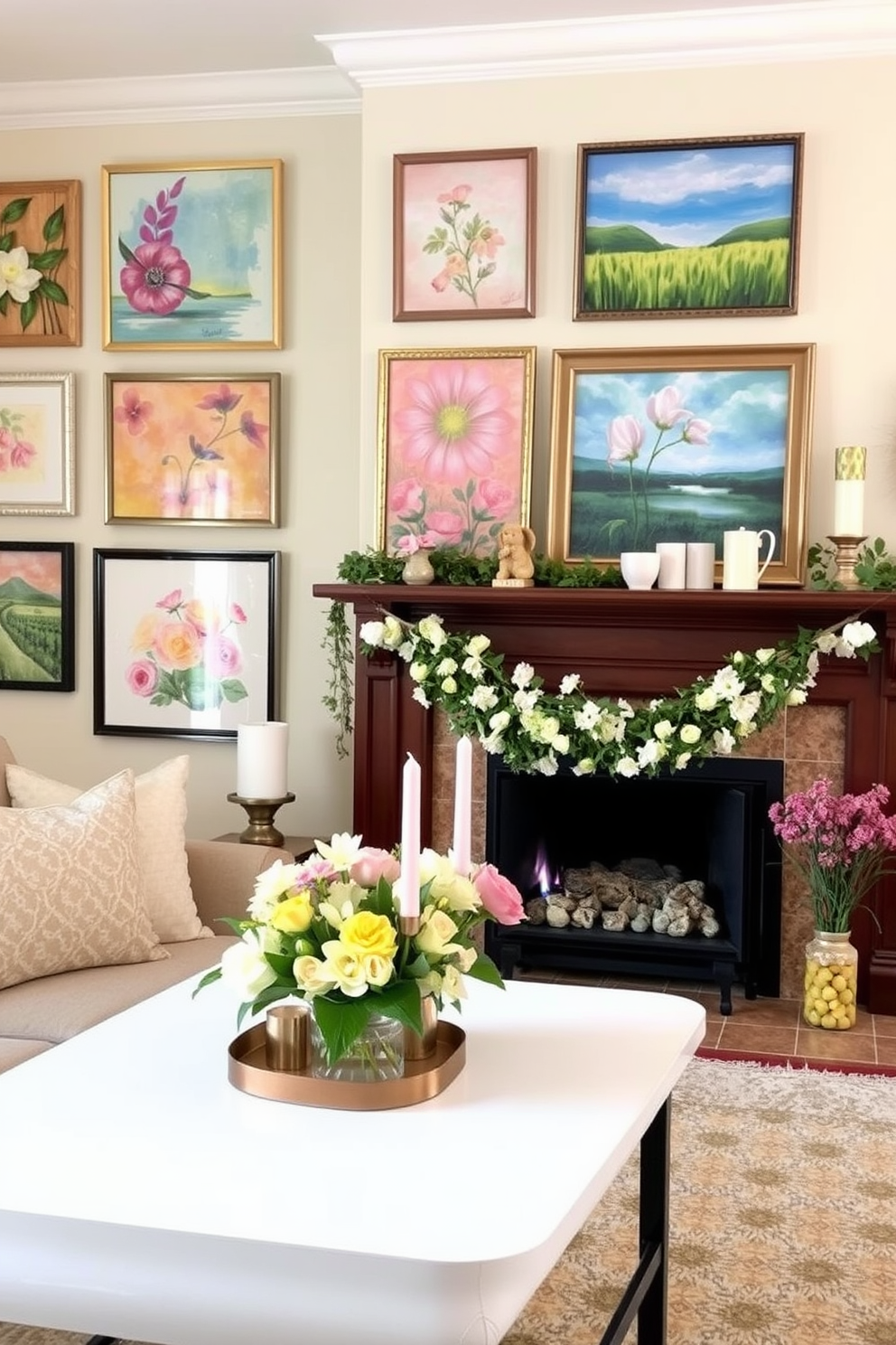 Brightly colored picture frames with family photos adorn the walls of a cozy living room. The frames are arranged in a playful gallery style, showcasing cherished memories and vibrant colors that bring warmth to the space. The spring fireplace is adorned with fresh flowers and seasonal decorations. A cheerful display of pastel-colored accents and natural elements creates a welcoming atmosphere, perfect for family gatherings.