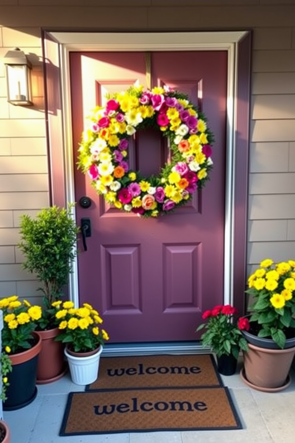 Bright pastel wreath on the door made of soft pink and yellow flowers. The door is painted in a light sky blue, creating a cheerful and inviting entrance.