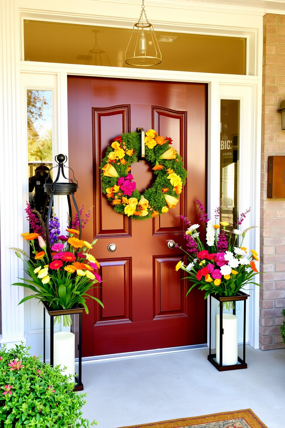 A charming front door adorned with decorative lanterns filled with vibrant spring florals. The lanterns are positioned on either side of the door, welcoming guests with their cheerful colors and inviting glow.