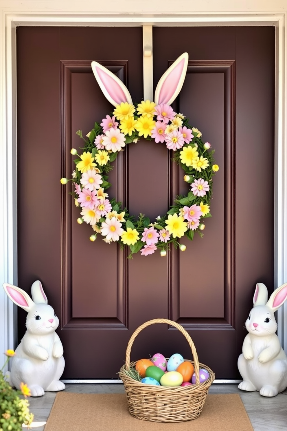 Cute bunny decor for Easter theme. A cheerful wreath made of pastel-colored flowers and bunny accents hangs on the front door. Fluffy bunny figurines sit on either side of the door, welcoming guests with their playful expressions. Colorful eggs in a basket are placed on the doorstep, adding a festive touch to the spring atmosphere.