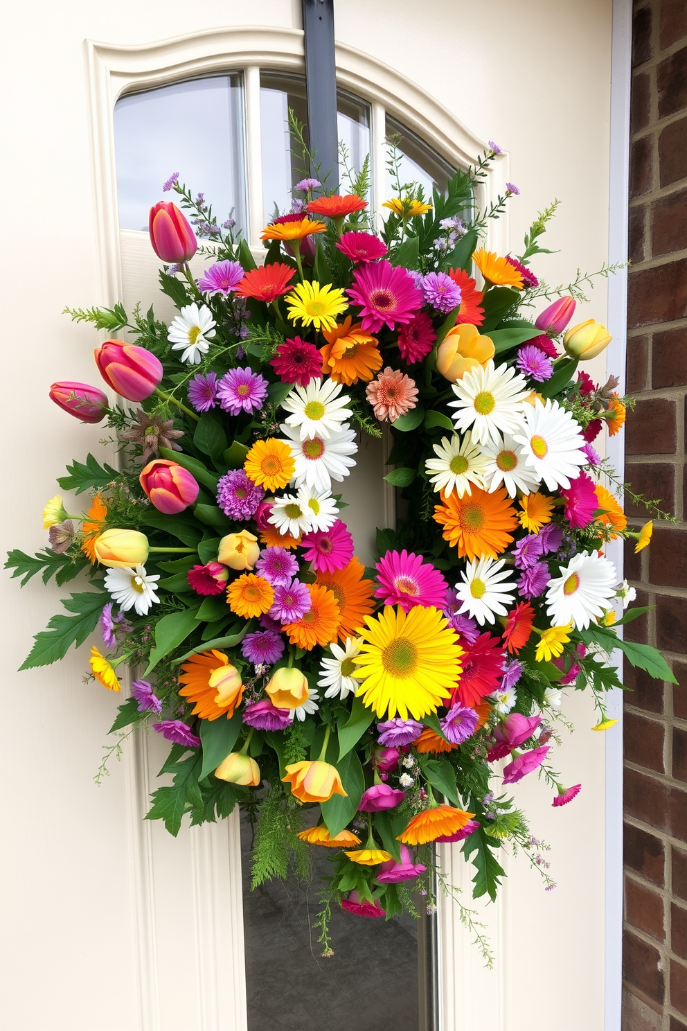 A vibrant door swag adorned with a mix of colorful blooms creates an inviting entrance. The arrangement features bright tulips, cheerful daisies, and lush greenery, all harmoniously intertwined to celebrate the essence of spring.