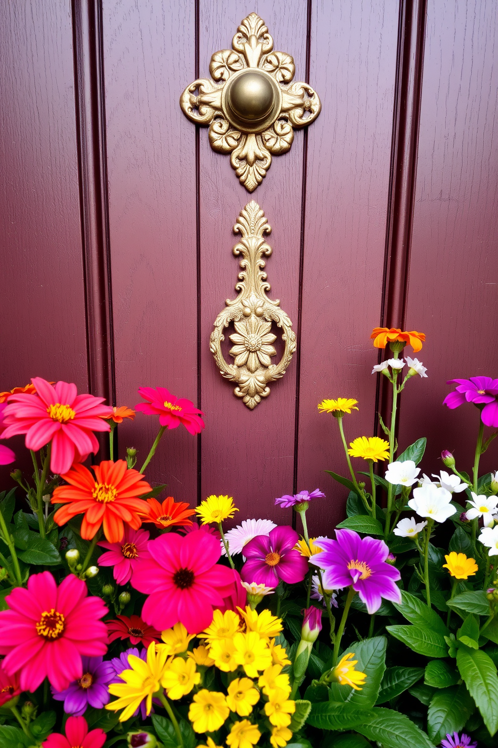 A seasonal door knocker in a floral design adorns a charming front door. Surrounding the door, vibrant spring flowers bloom in a mix of colors, creating a welcoming atmosphere.