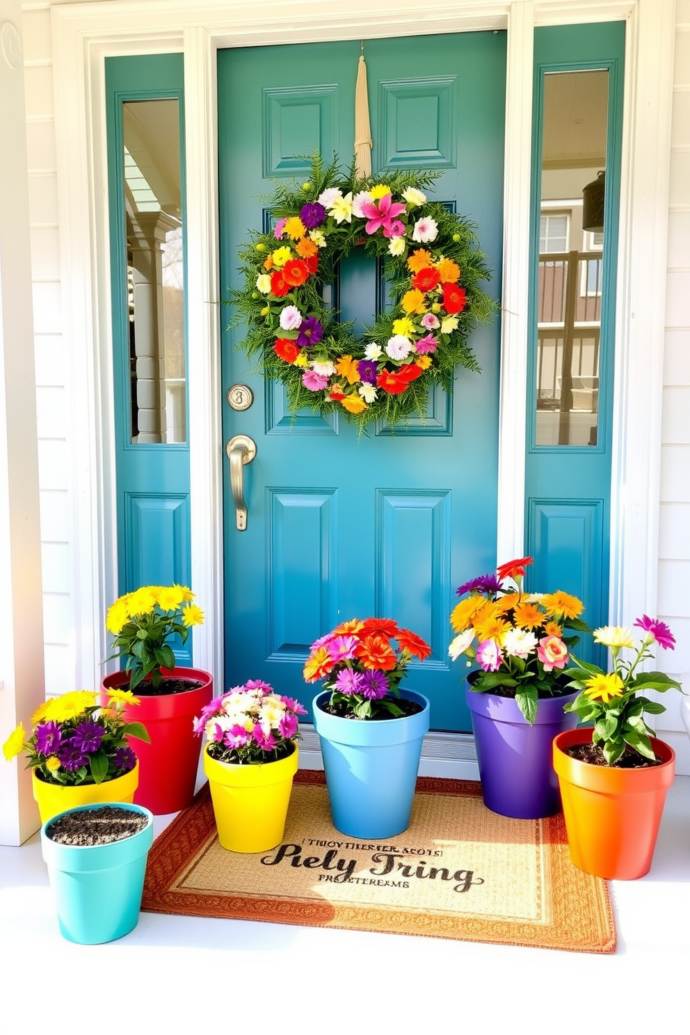 A whimsical front door adorned with cheerful miniature garden gnomes brings a playful charm to the entrance. Brightly colored gnomes are positioned among vibrant spring flowers in decorative pots, welcoming guests with a sense of joy and warmth. A fresh wreath made of pastel-colored blooms hangs on the door, complementing the gnome display. The scene is enhanced by a soft doormat featuring a cheerful greeting, inviting everyone to step into a delightful spring atmosphere.