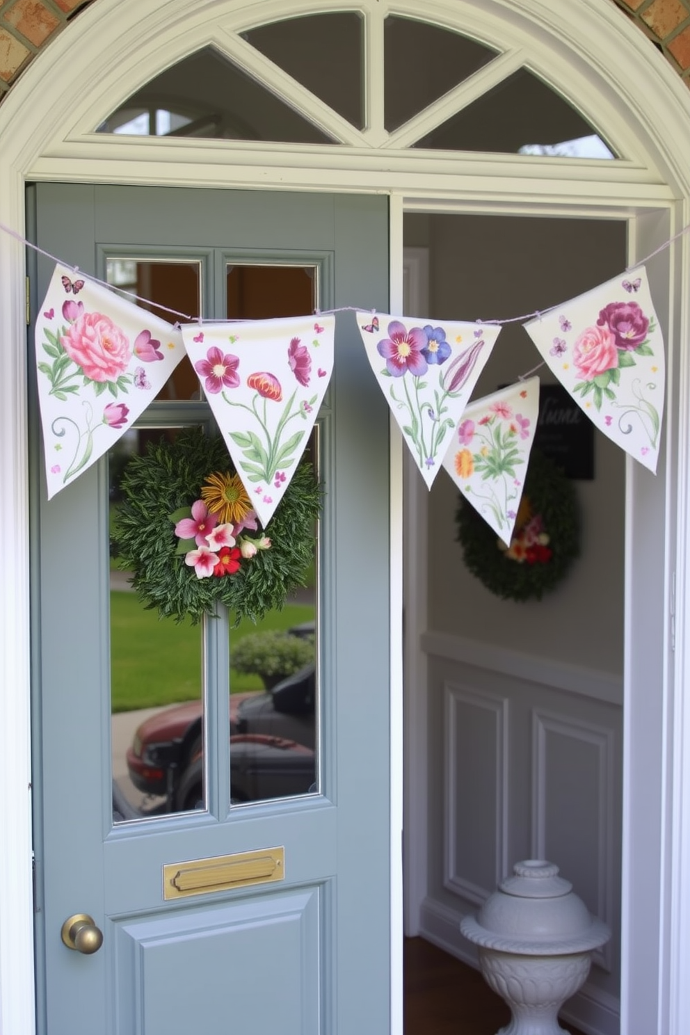 A charming front door adorned with hanging fabric bunting featuring vibrant spring motifs. The bunting is made of lightweight fabric in pastel colors, creating a cheerful and welcoming atmosphere for guests.