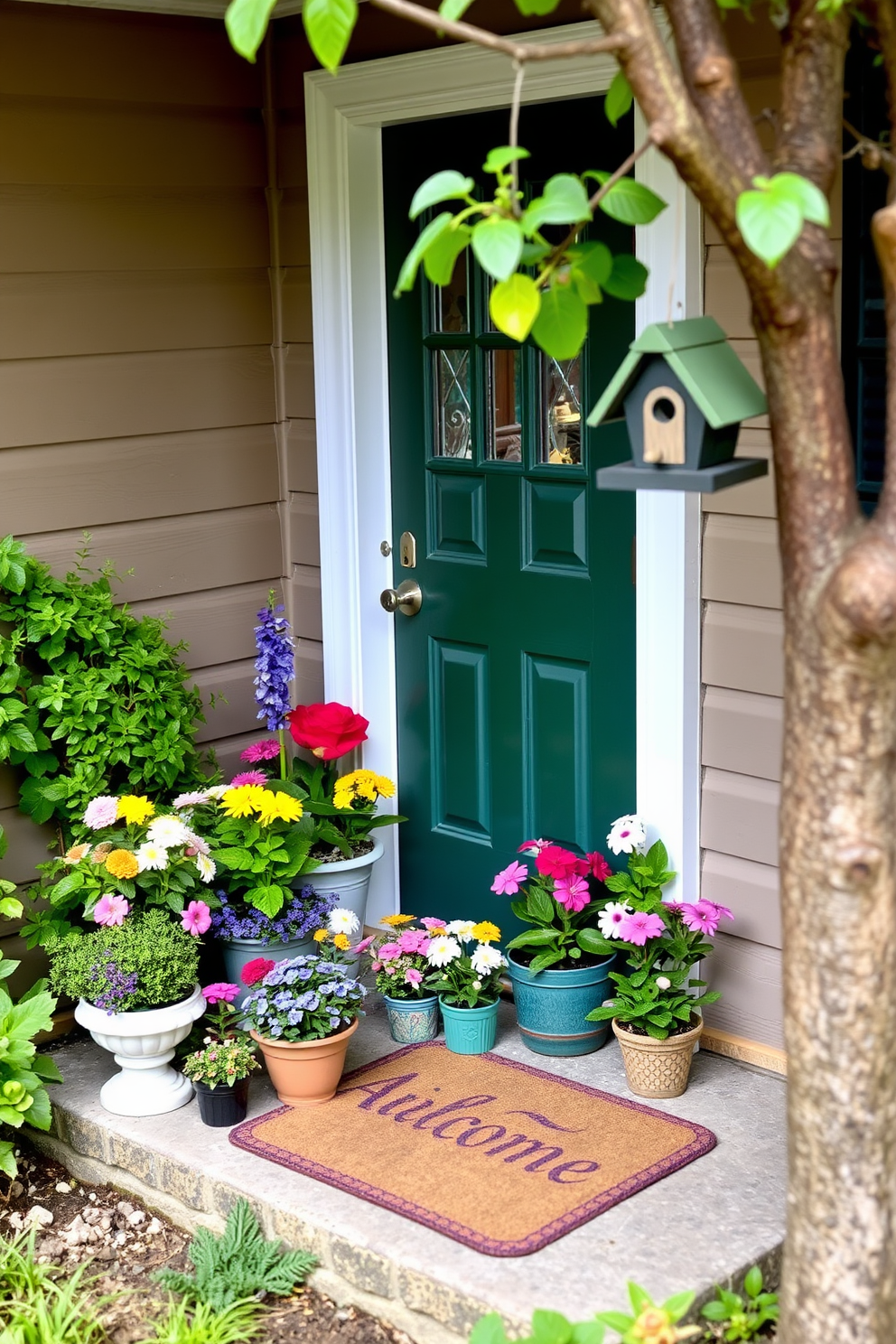 A charming miniature garden setup near the front door features a variety of colorful flowers and lush greenery in small pots. The entrance is adorned with a decorative welcome mat and a cheerful birdhouse hanging from a nearby tree branch.