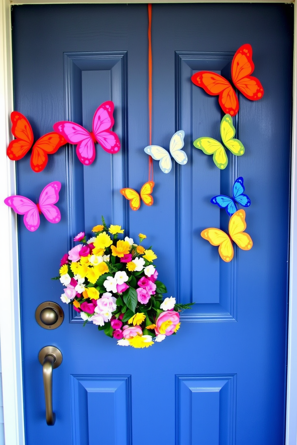 A charming front door adorned with a large vase filled with flowering branches welcomes guests with a burst of Spring color. The door itself is painted a soft pastel hue, complementing the vibrant blooms and creating an inviting atmosphere.