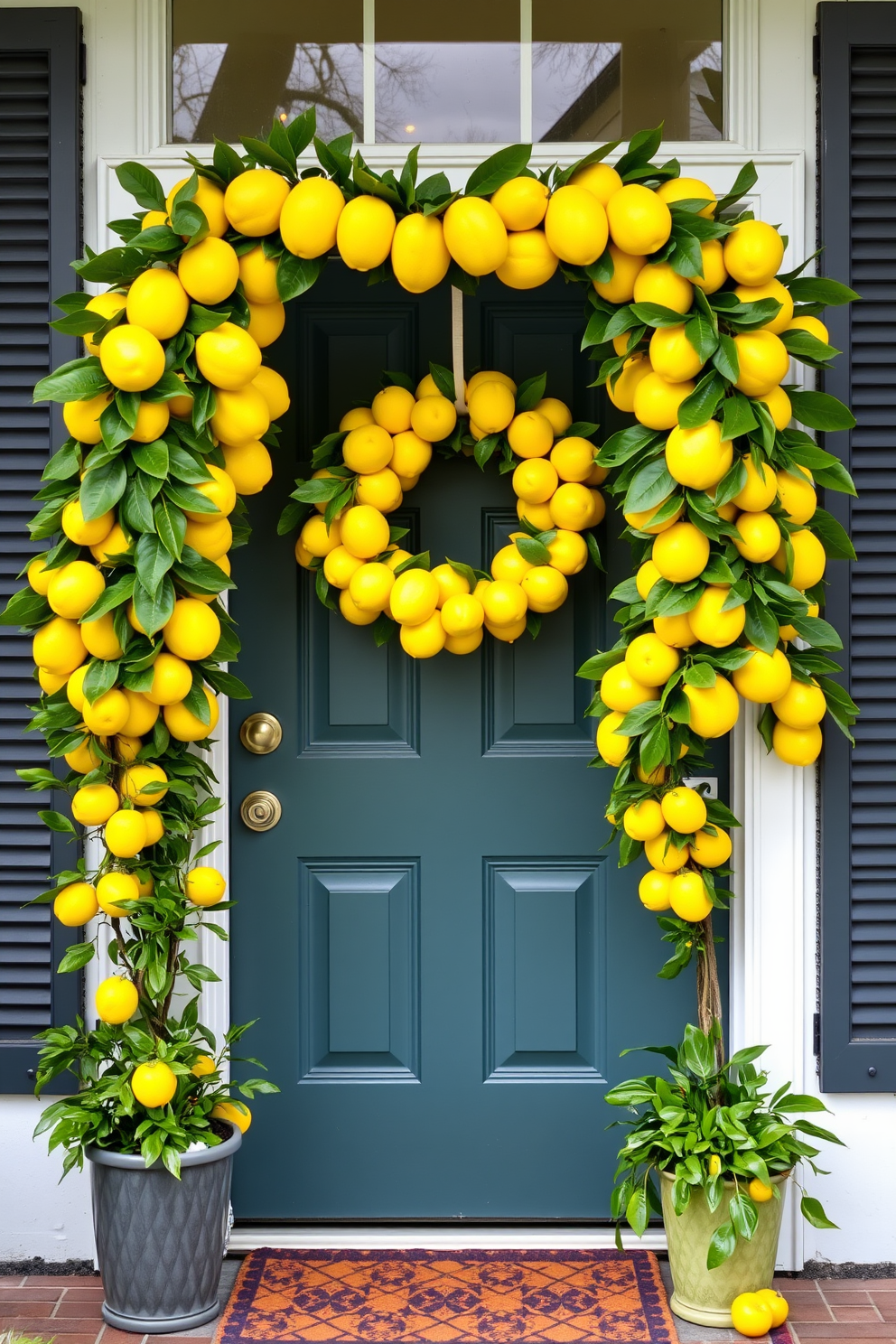 A vibrant front door adorned with lemon-themed decor. Bright yellow lemons and lush green leaves create a cheerful wreath that welcomes guests. Hanging above the door, a playful lemon garland adds a touch of whimsy. Potted citrus plants flank the entrance, enhancing the fresh and inviting atmosphere.