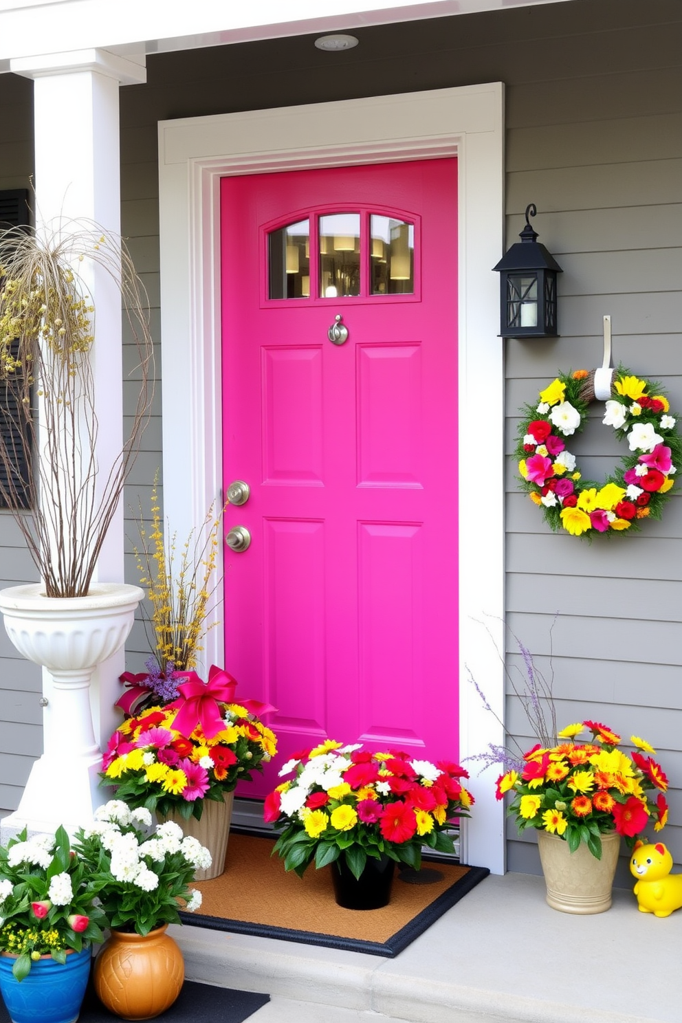 Charming ceramic bunnies are placed on a rustic wooden bench by the front door, surrounded by vibrant spring flowers in pastel hues. A decorative wreath made of fresh greenery and colorful eggs hangs on the door, welcoming guests with a festive touch.