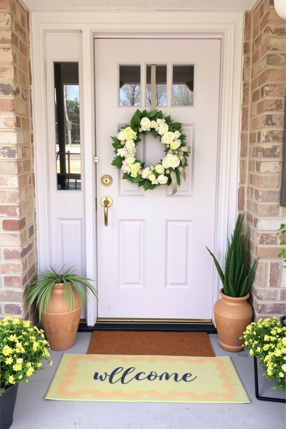 Hanging flower baskets adorned with vibrant blooms are placed on each side of a charming front door. The entrance is framed by lush greenery and a welcoming doormat, creating an inviting atmosphere for guests.