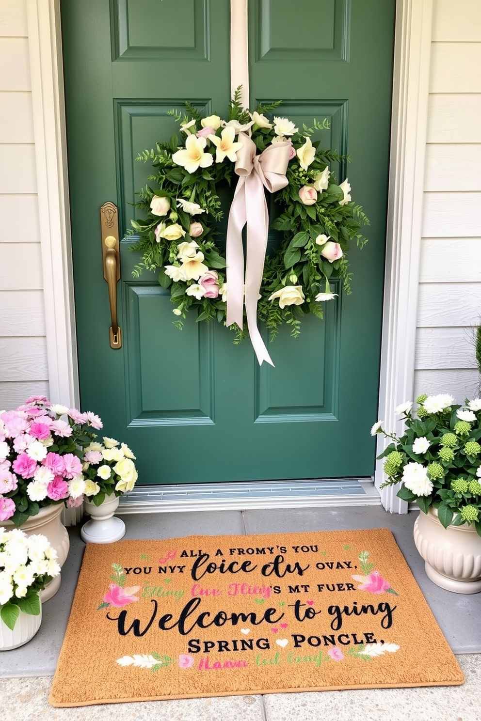 A spring themed doormat featuring cheerful quotes welcomes guests with vibrant colors and playful designs. Surrounding the doormat, potted flowers in pastel shades add a fresh touch to the front porch decor. The front door is adorned with a beautiful wreath made of seasonal blooms and greenery. Soft, flowing ribbons in light hues complement the natural elements, creating a warm and inviting entrance.