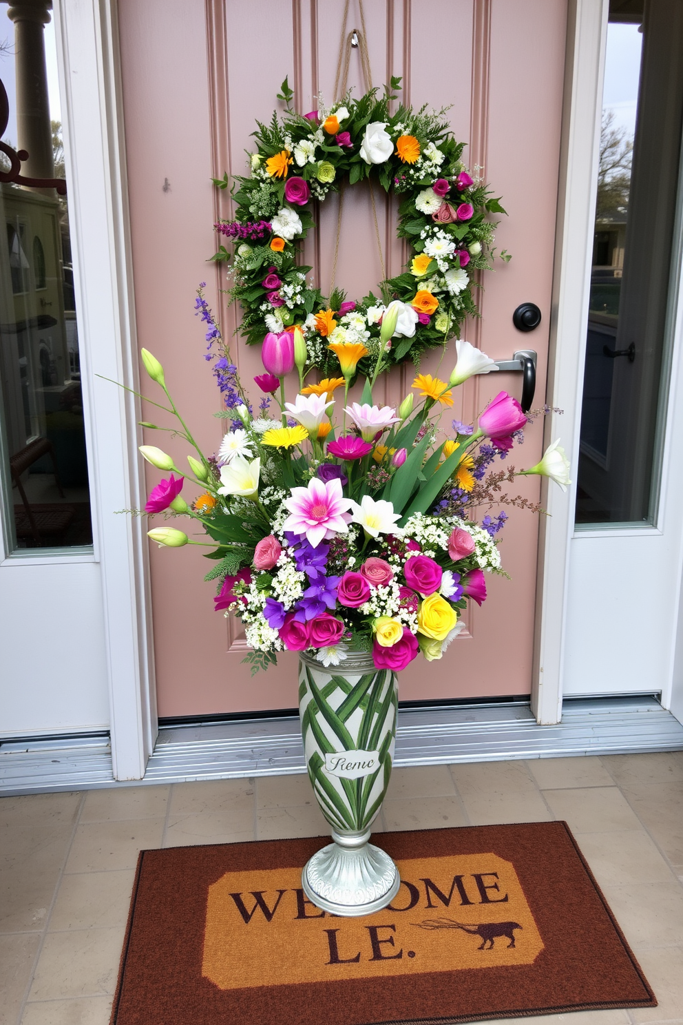 A vibrant floral arrangement is displayed in a decorative vase positioned prominently at the entrance. The vase is filled with a mix of fresh spring blooms in various colors, creating a welcoming and cheerful atmosphere. The front door is adorned with a beautiful wreath made of seasonal flowers and greenery. Complementing the wreath, a small welcome mat sits at the threshold, inviting guests into the home.