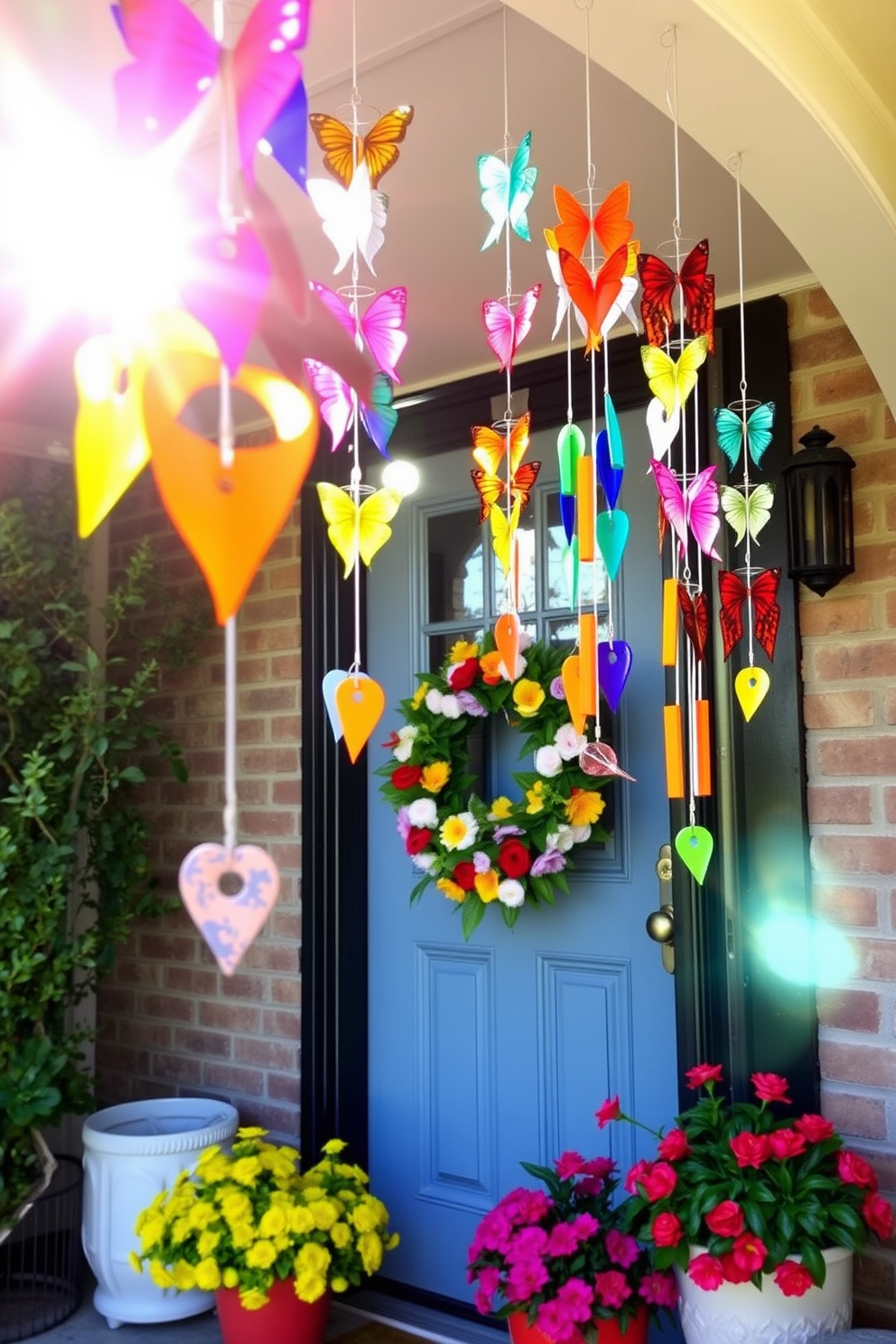 A vibrant display of colorful wind chimes sways gently in the breeze, their cheerful hues catching the sunlight. The melodic sounds create a welcoming atmosphere, inviting guests to explore the beauty of the home. The front door is adorned with a tasteful spring-themed wreath made of fresh flowers and greenery. Brightly colored potted plants flank the entrance, adding a lively touch to the overall decor.