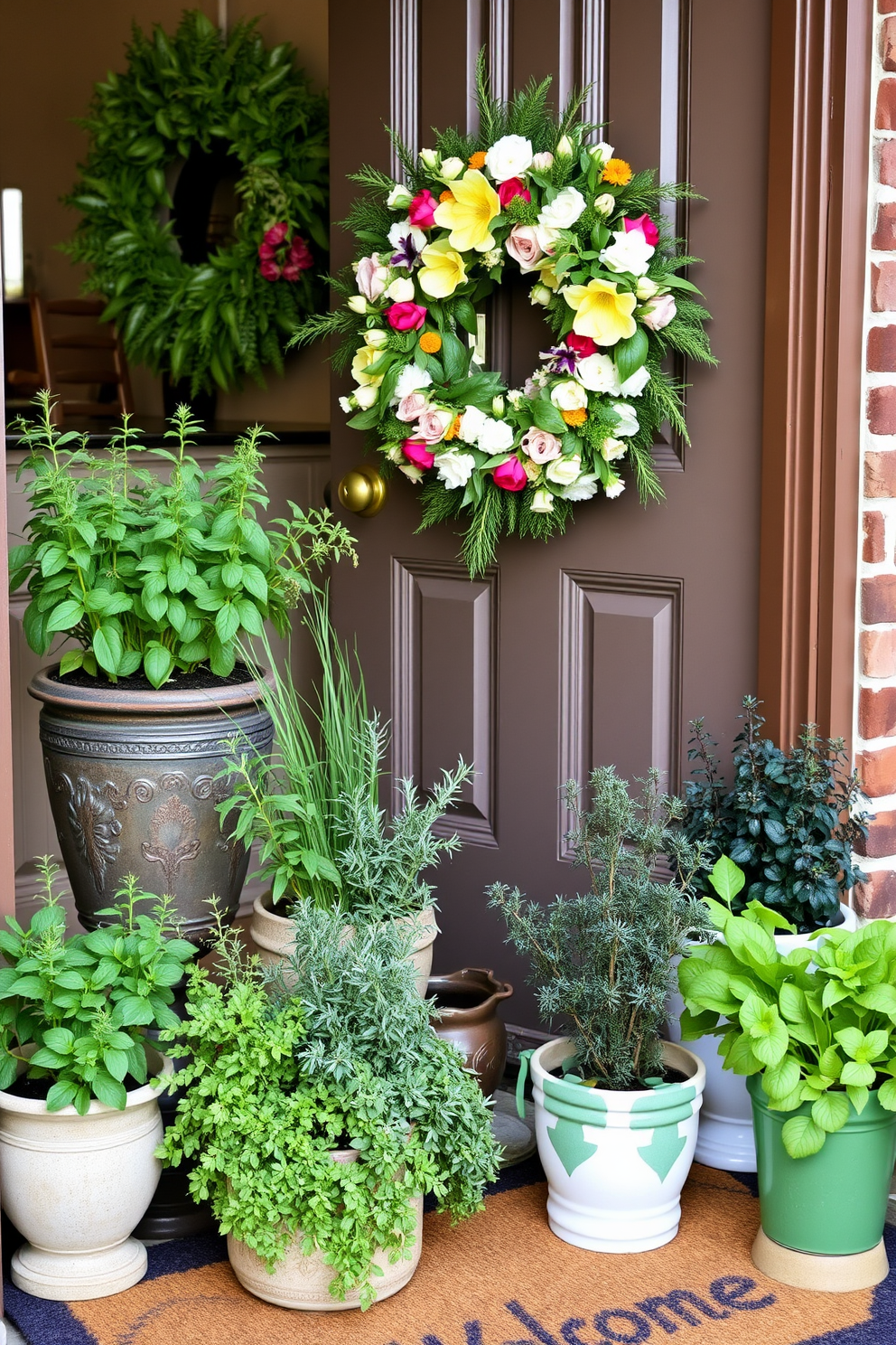 A charming decorative ladder leans against a light-colored wall, adorned with an array of vibrant flower pots in various sizes. Each pot is filled with blooming flowers, creating a lively and inviting atmosphere that welcomes guests. The front door is painted a soft pastel hue, complemented by a stylish wreath made of fresh greenery and colorful blooms. Flanking the door, two potted plants add a touch of elegance, enhancing the overall spring decor.