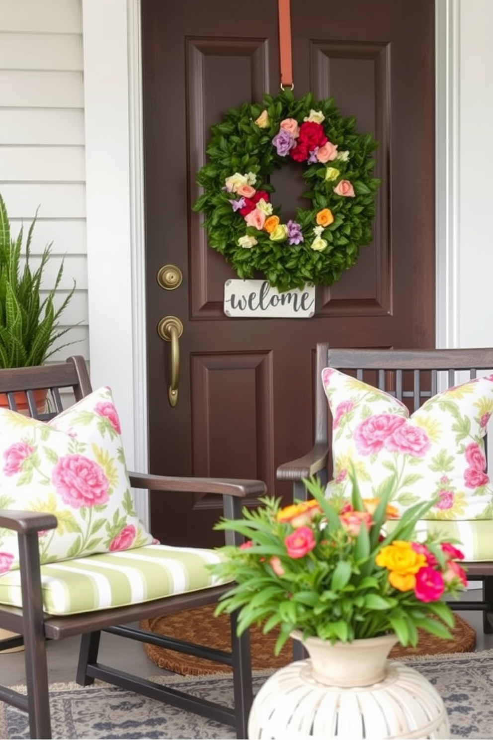 A charming front door adorned with whimsical wind chimes gently swaying in the breeze. The chimes are made of colorful ceramic and bamboo, adding a playful touch to the entrance while creating a soothing sound. Surrounding the door, vibrant potted flowers in varied heights bring life and color to the space. A welcoming doormat with a cheerful design invites guests into a warm and inviting atmosphere.