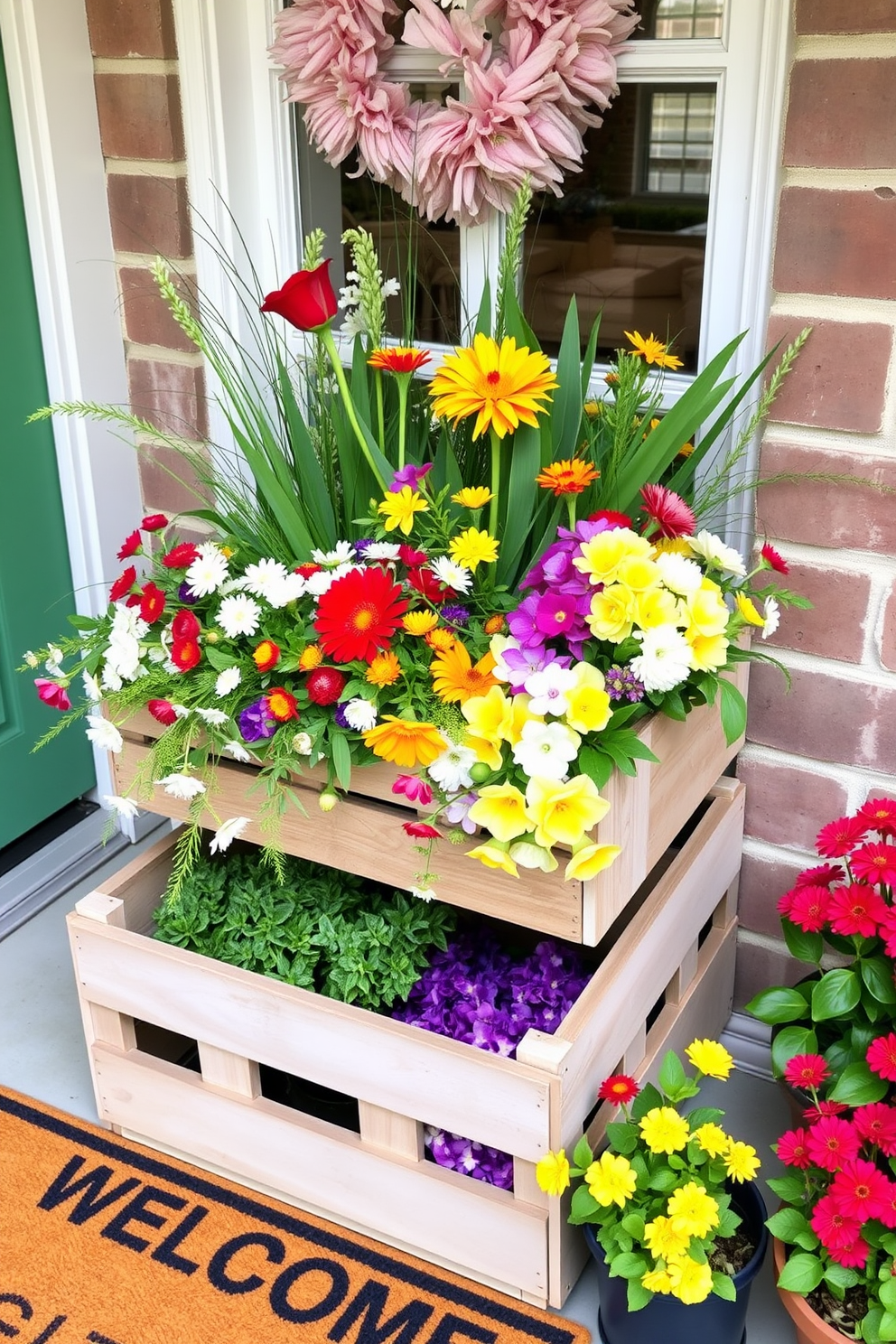 A charming wooden crate is filled with vibrant spring flowers and greenery, creating a welcoming display. The crate is placed on the front porch, accompanied by a cheerful welcome mat and colorful potted plants.