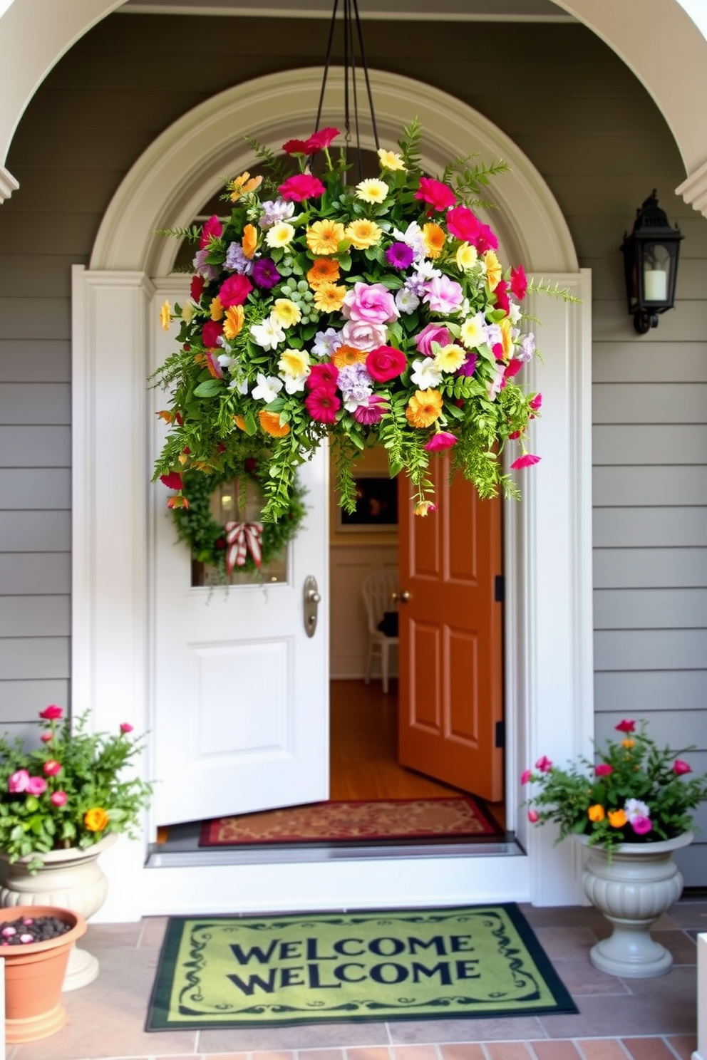 A stunning entrance showcases a hanging floral chandelier adorned with vibrant blooms and lush greenery. The chandelier casts a warm glow, inviting guests into a beautifully decorated space. Flanking the front door are potted plants that add a touch of nature, while a cheerful welcome mat complements the seasonal decor. Soft pastel colors accentuate the entrance, creating a fresh and inviting atmosphere.