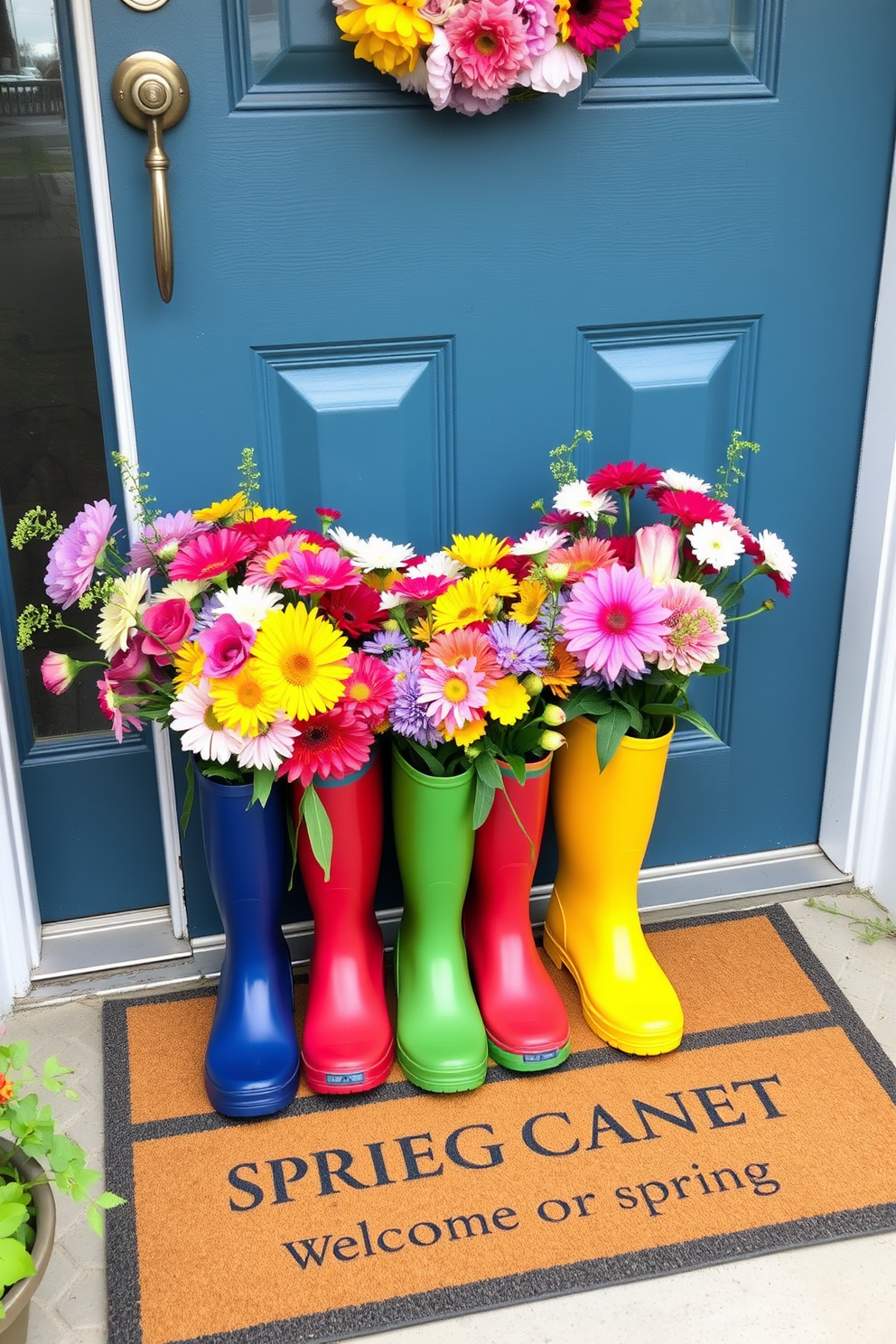 A vibrant front door adorned with colorful rain boots overflowing with a variety of fresh flowers. The boots are positioned on a welcome mat, creating a cheerful and inviting atmosphere for spring.