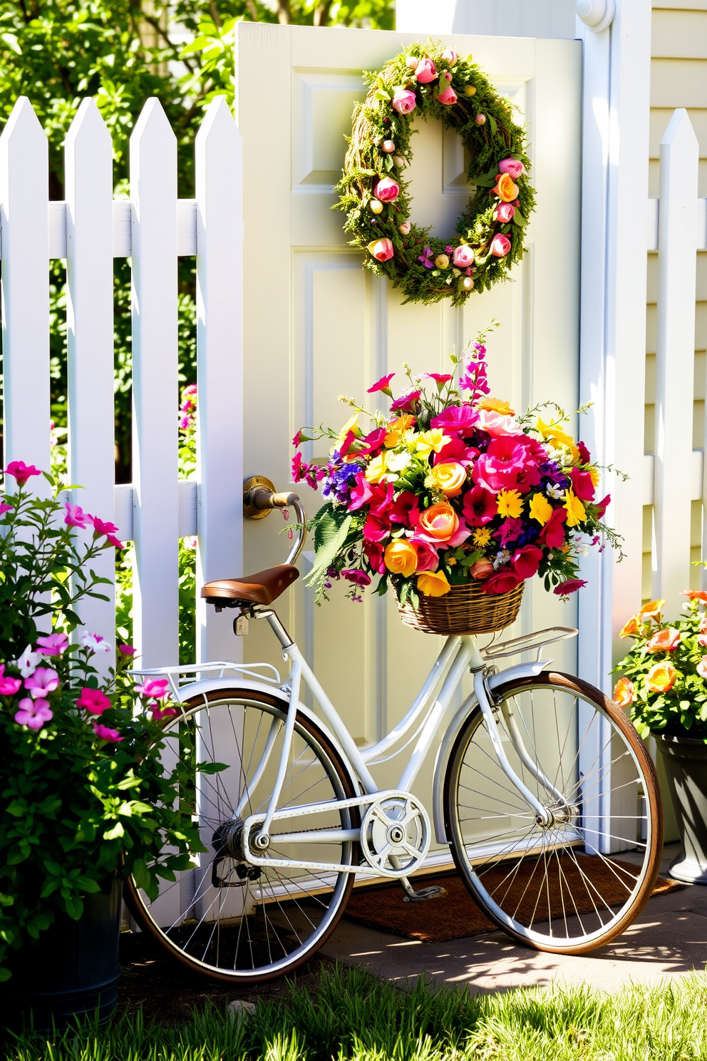 A charming decorative bicycle leans against a white picket fence, adorned with a vibrant flower basket overflowing with colorful blooms. The scene is set in a sunlit garden, with lush greenery and blooming flowers creating a welcoming atmosphere. The front door is painted a cheerful pastel color, complemented by a rustic wreath made of spring flowers and greenery. Flanking the door are potted plants, adding a touch of nature and warmth to the entryway.